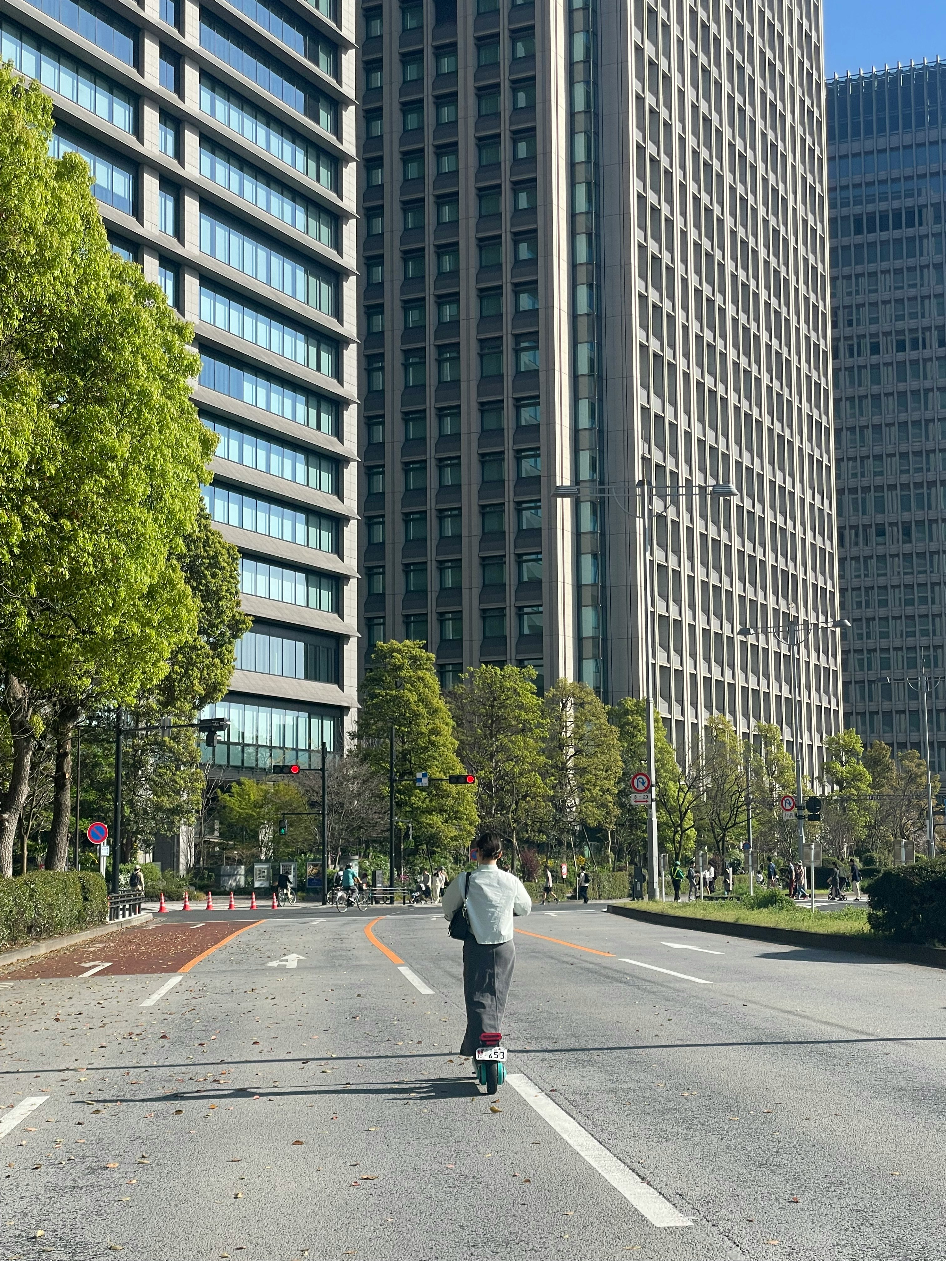 boulevard urbain bordé d’arbres, une personne qui marche et de grands immeubles