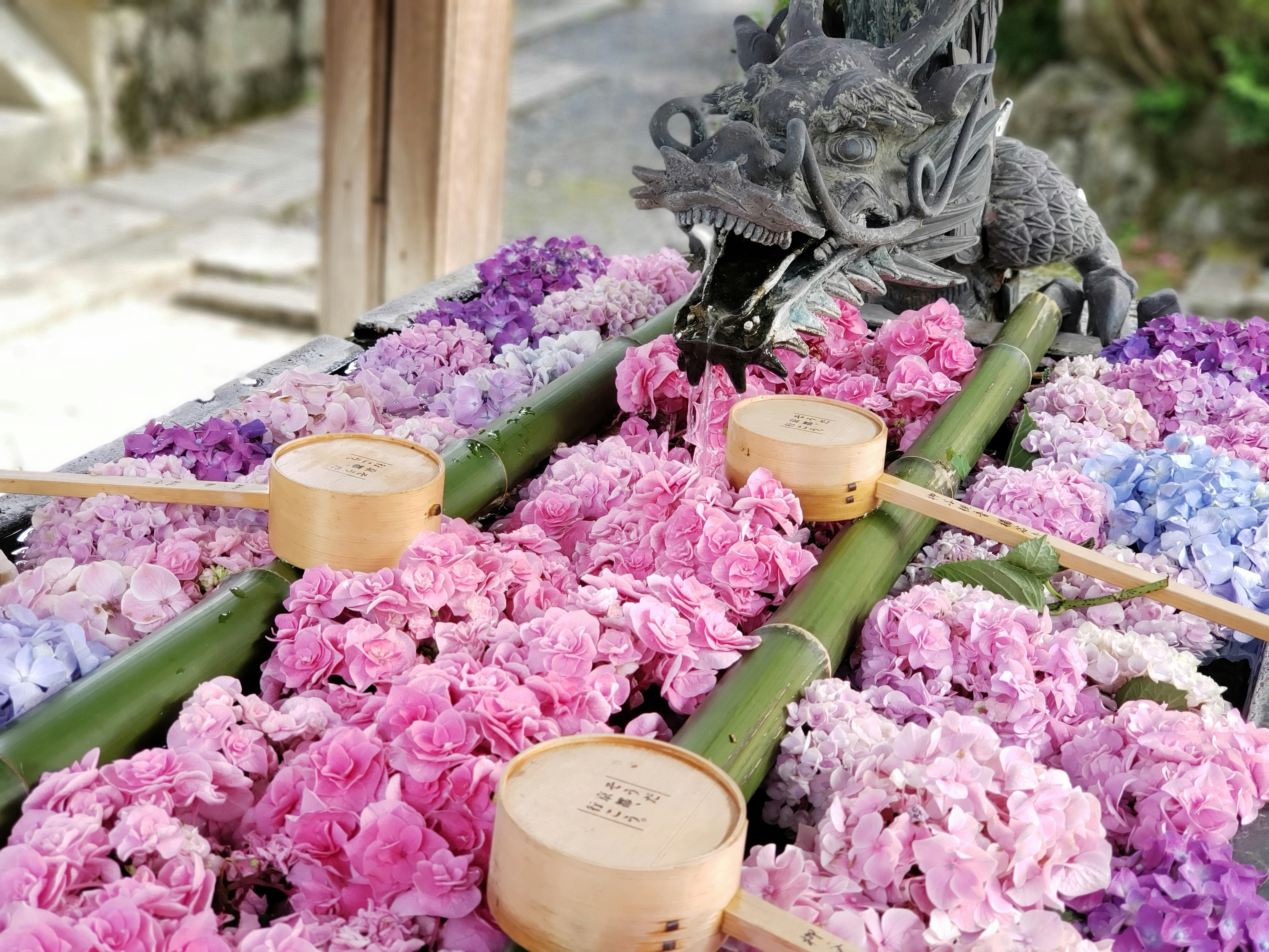 竹の花器に並ぶ色とりどりの花束