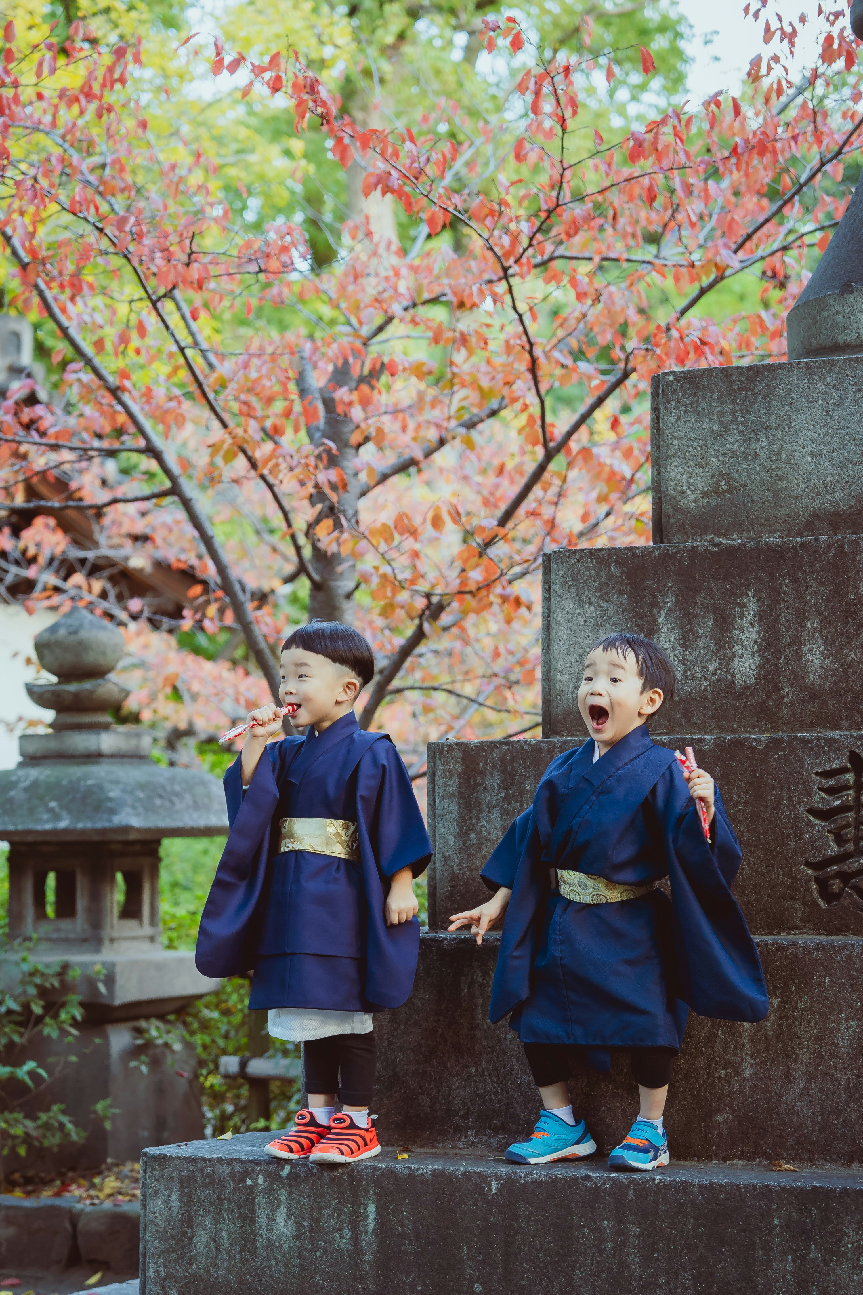Trẻ em mặc kimono Shichi-Go-San cười trước bậc thang đá