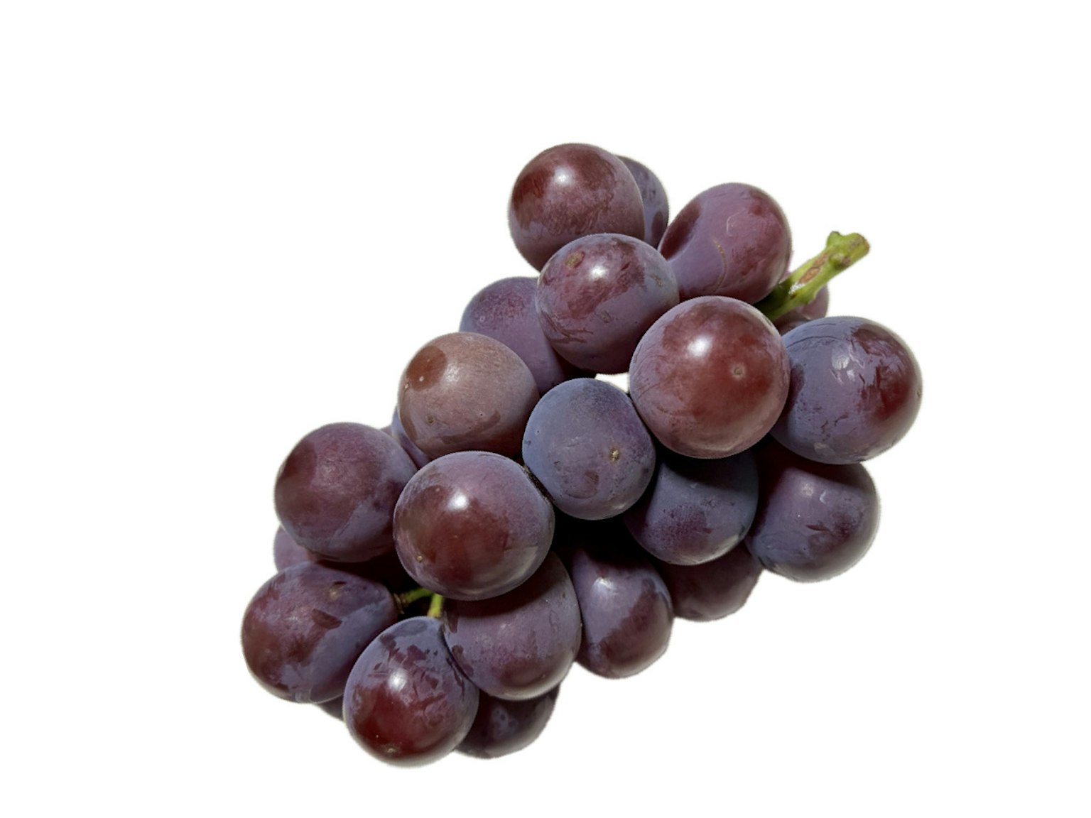 A cluster of purple grapes on a white background