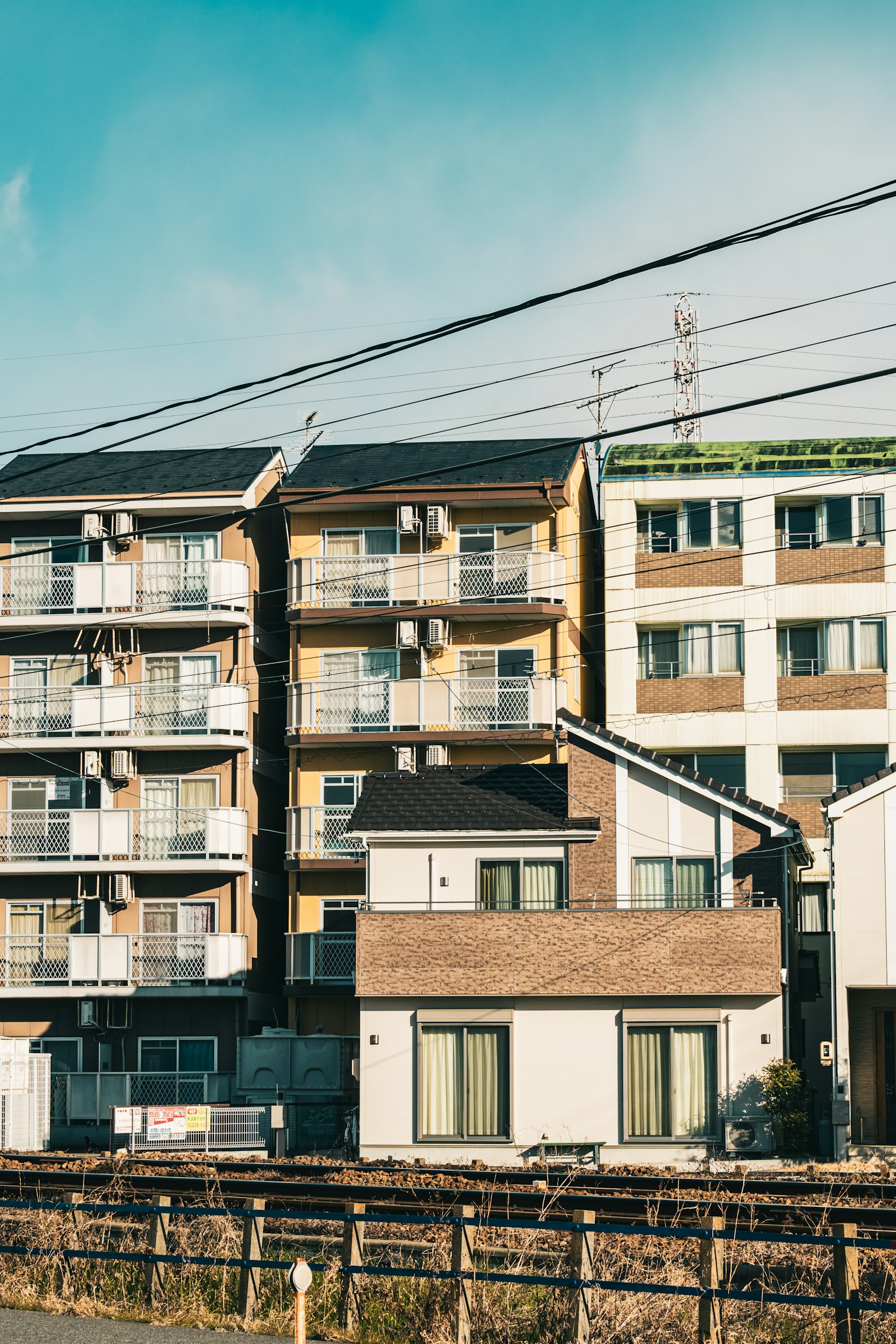 Row of residential apartments and houses in a neighborhood