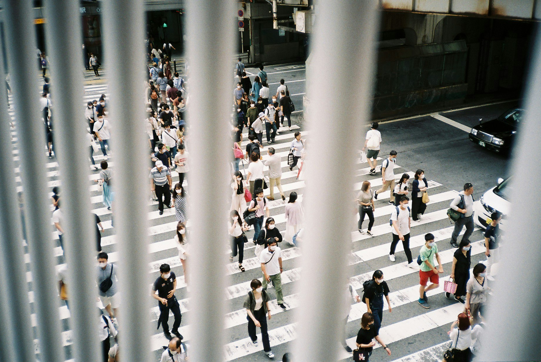 persone che camminano in un atrio interno con colonne bianche