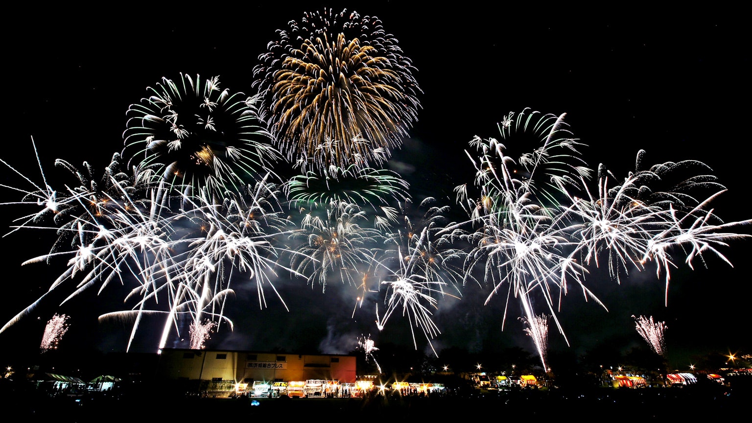 การแสดงดอกไม้ไฟที่สวยงามในท้องฟ้ายามค่ำคืนแสงสีสันสดใสระเบิด
