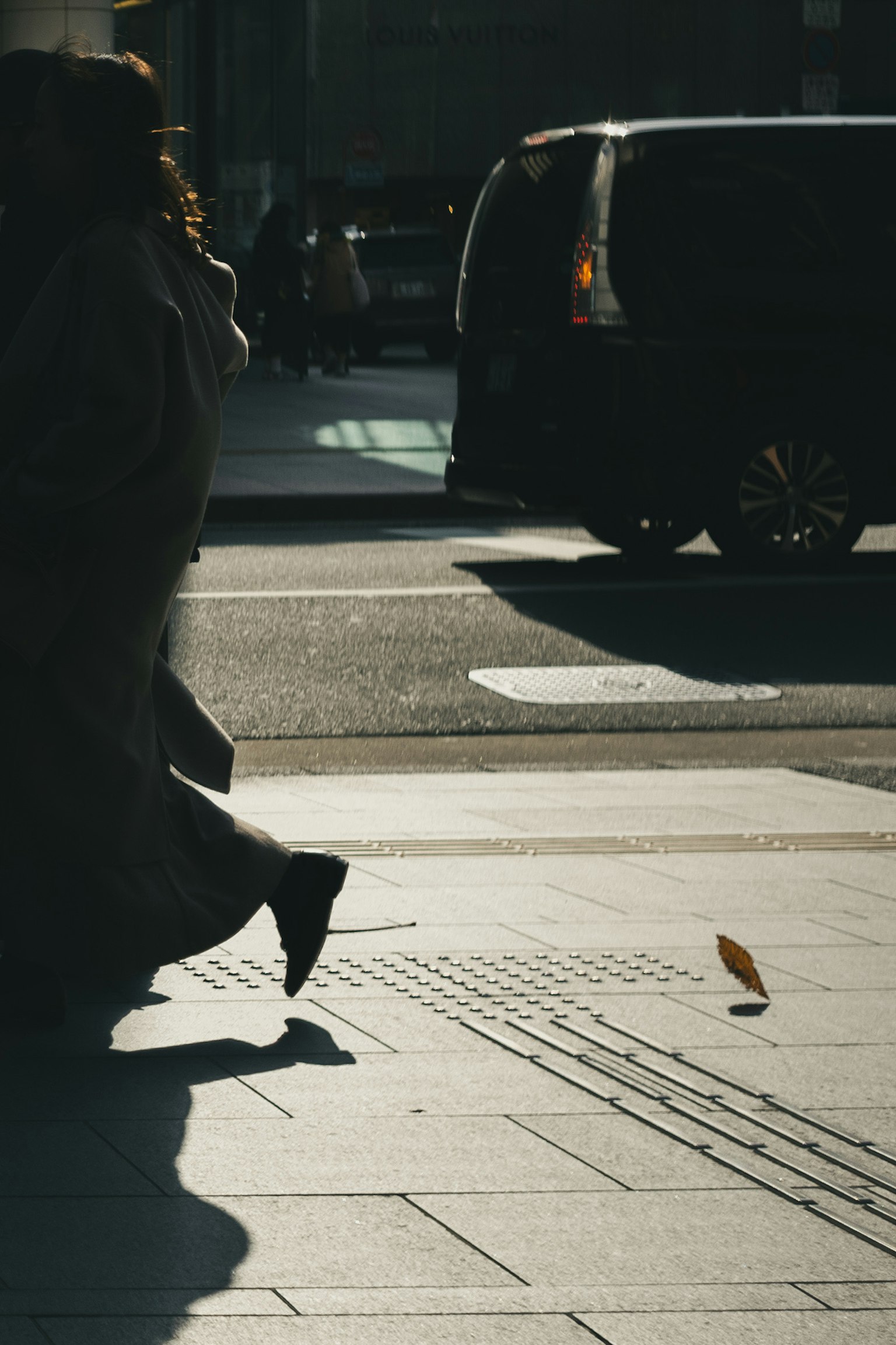 Silhouette of a person walking on the street with a falling leaf