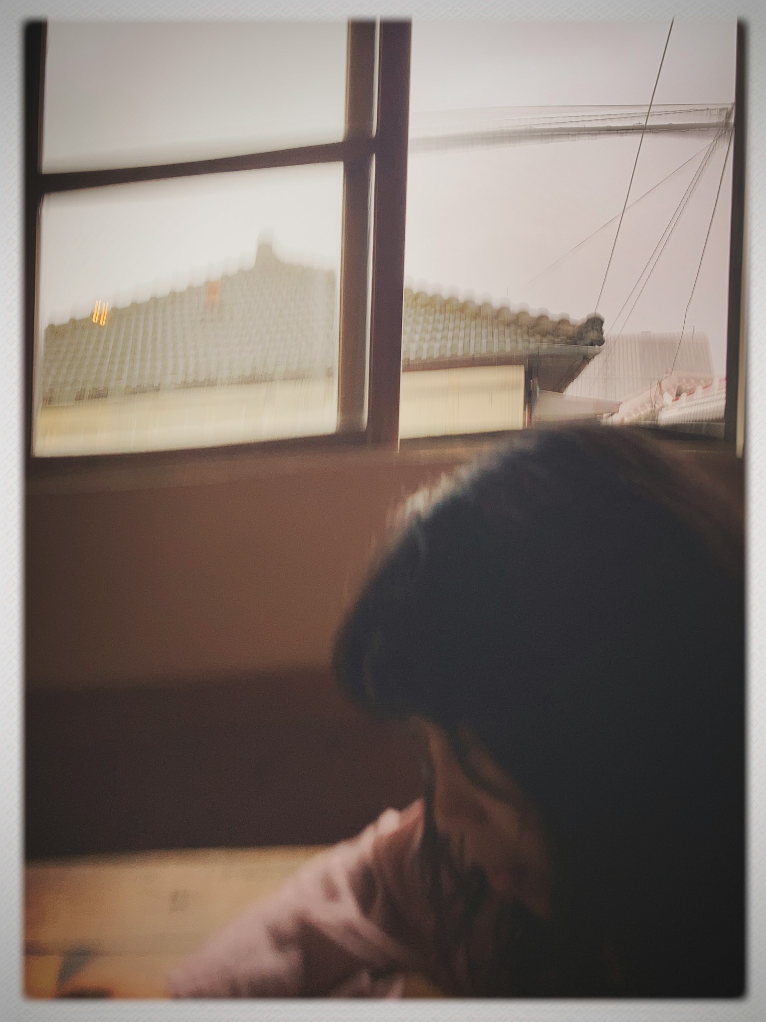 窓の外に見える屋根と電線のある部屋の中で、女性が下を向いている