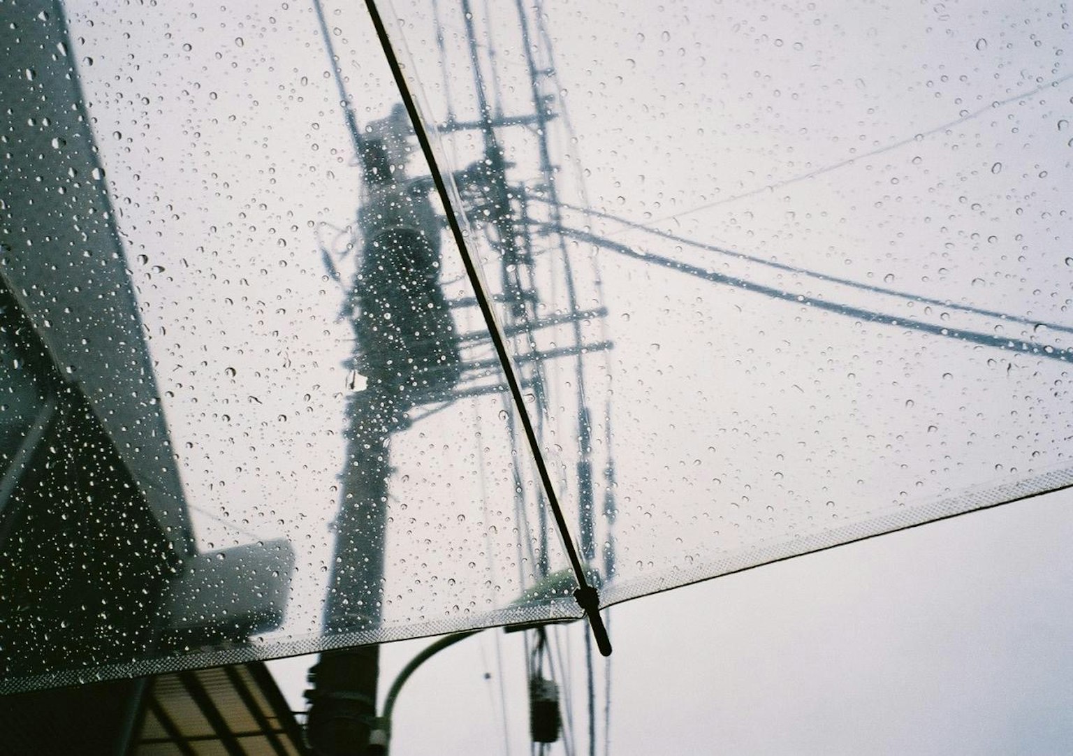 雨に濡れた傘の下から見た電柱と電線の風景