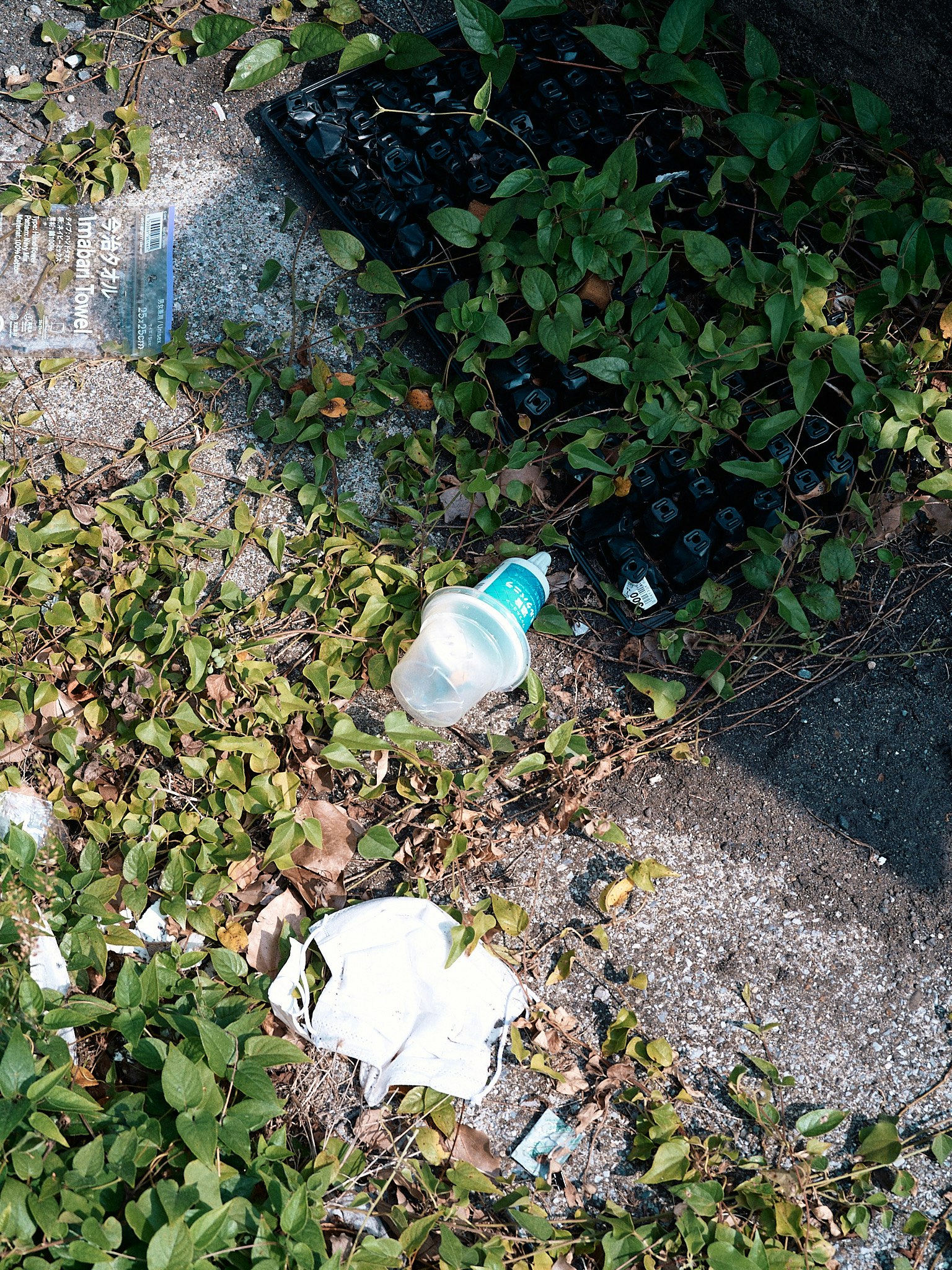 Bouteille en plastique et déchets sur le sol entourés d'herbe verte