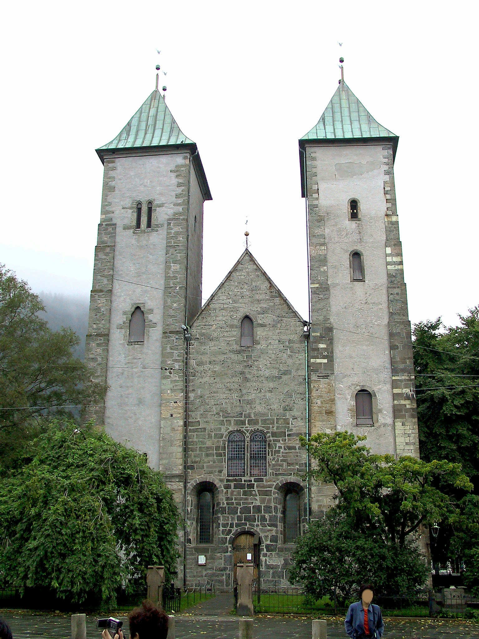 Stone church towers and facade