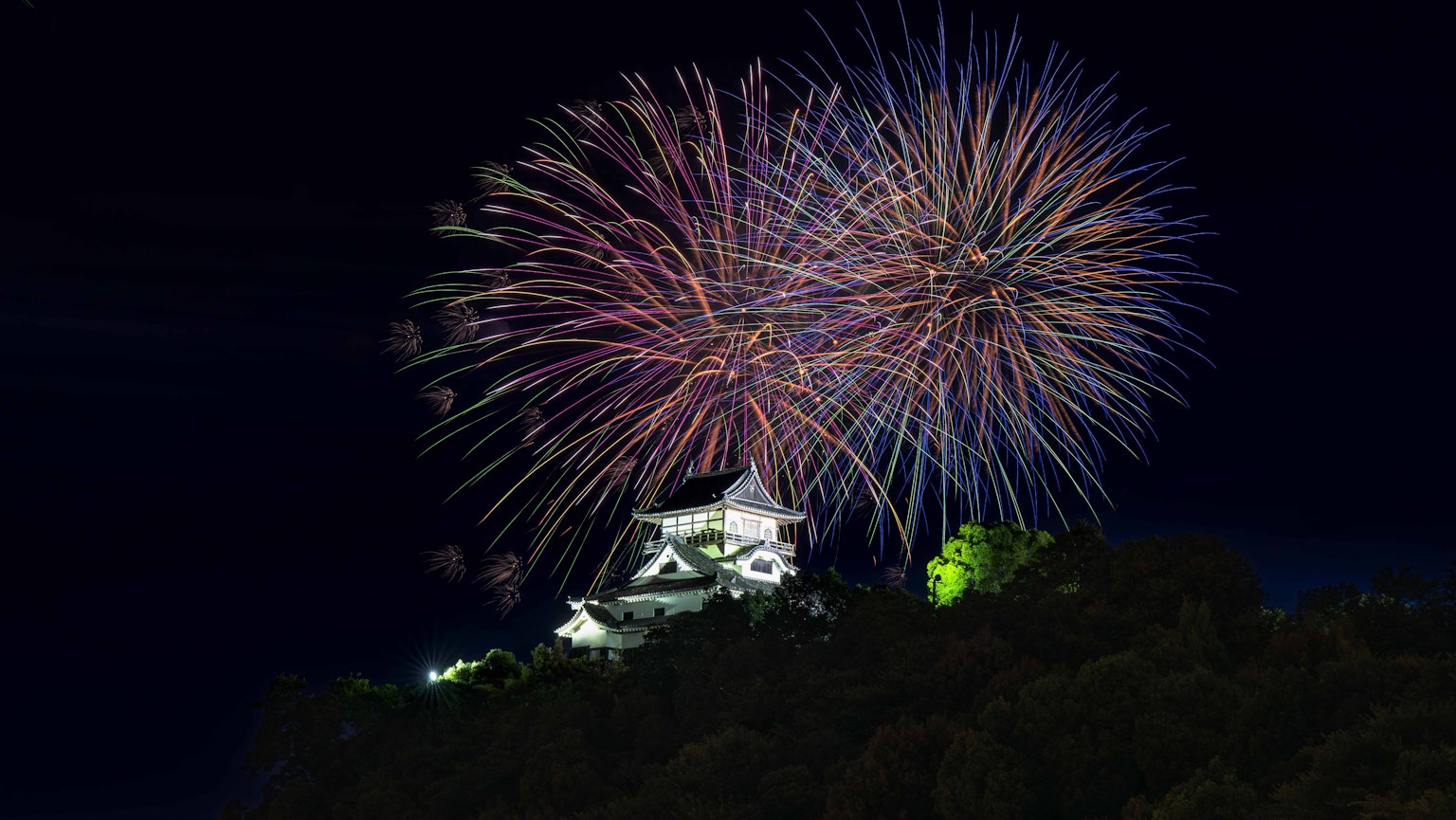 Fuegos artificiales estallando en el cielo nocturno sobre un castillo blanco rodeado de árboles verdes