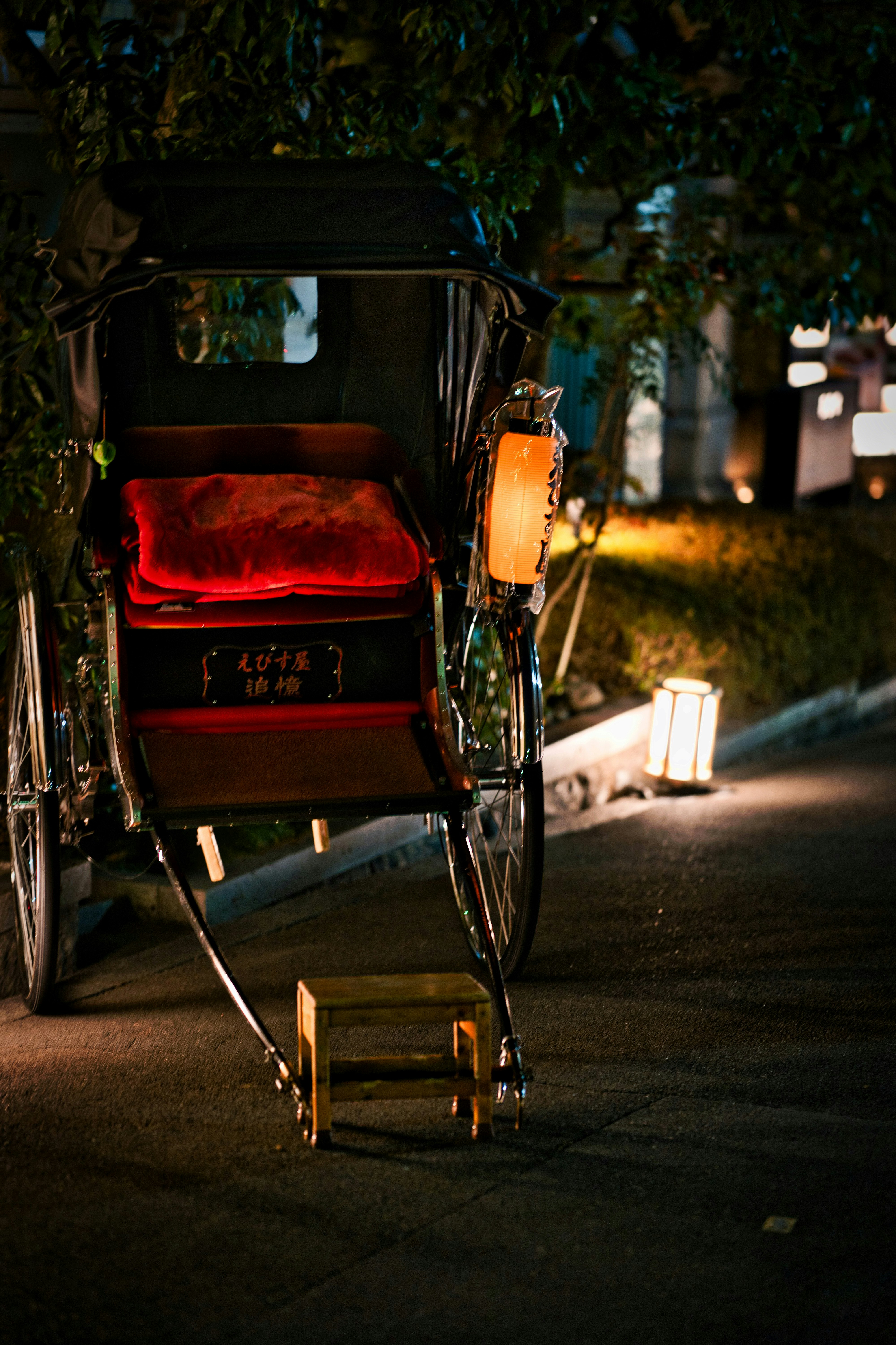 東山花灯路の人力車と提灯が並ぶ夜の路地