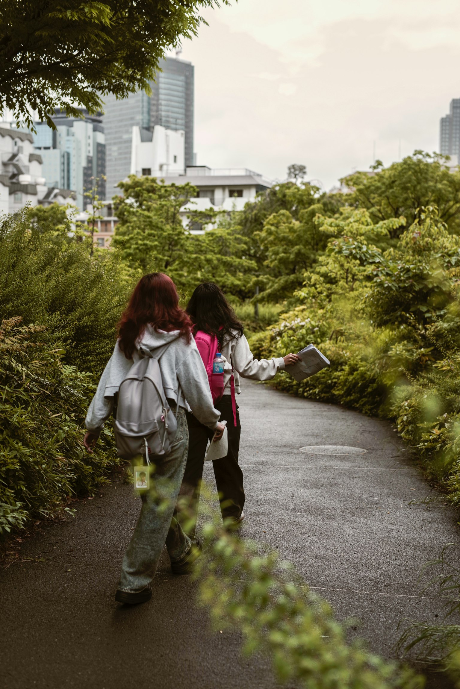 两位女性在郁郁葱葱的公园中散步，背景是城市天际线