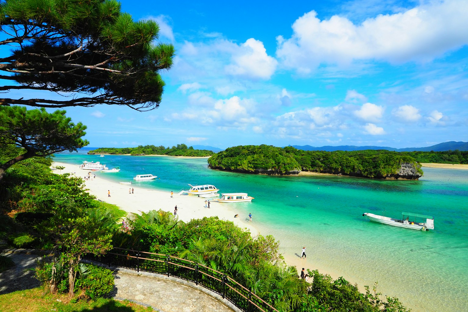Vista panoramica dell'oceano blu e della spiaggia di sabbia bianca con barche ancorate circondate da vegetazione lussureggiante