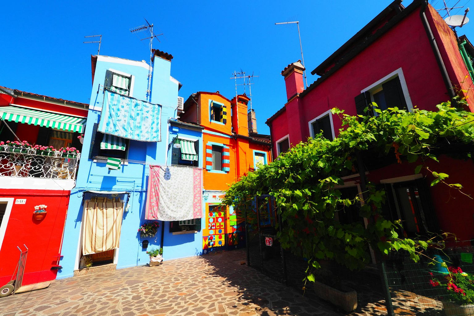 Colorful houses lining a street vibrant blue sky and lush green plants