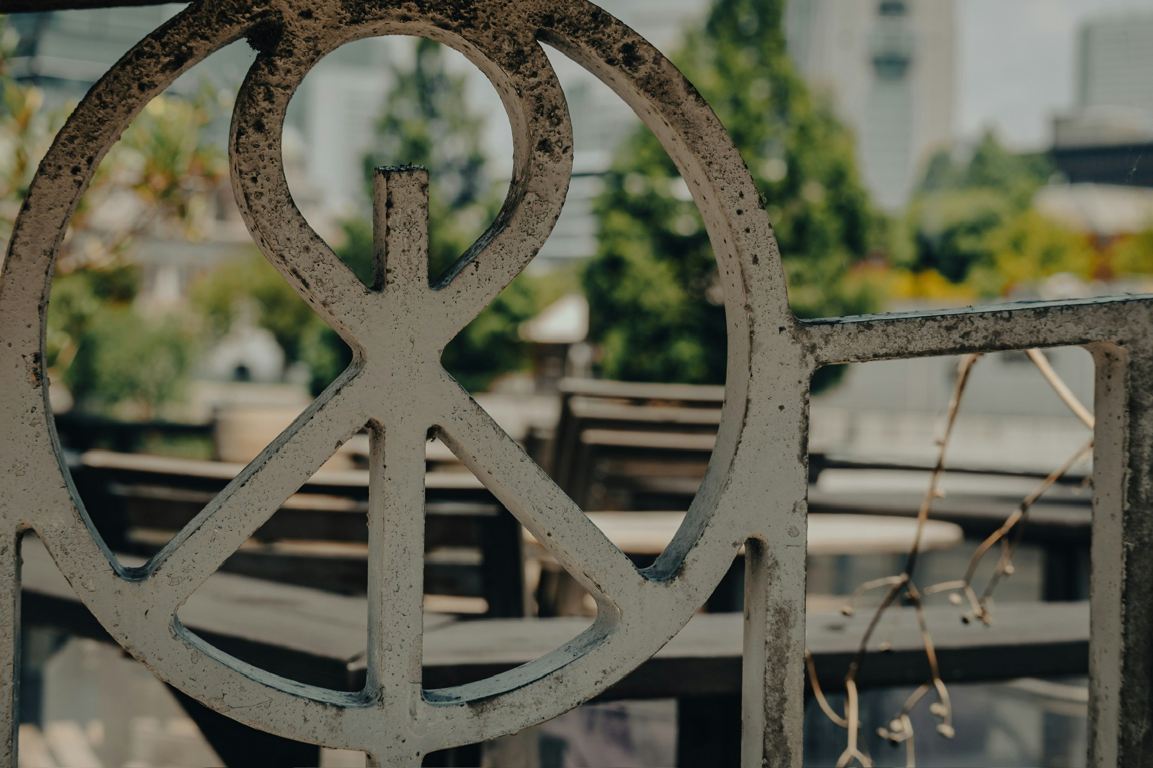 rusty metal decorative gate with park benches