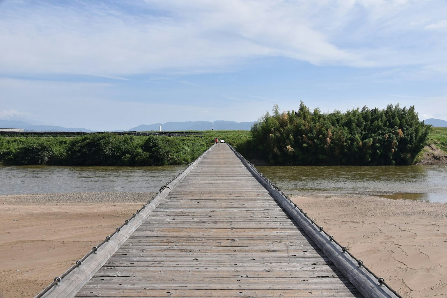 Holzsteg, der sich in eine ruhige Landschaft mit üppigem Grün und Wasser erstreckt