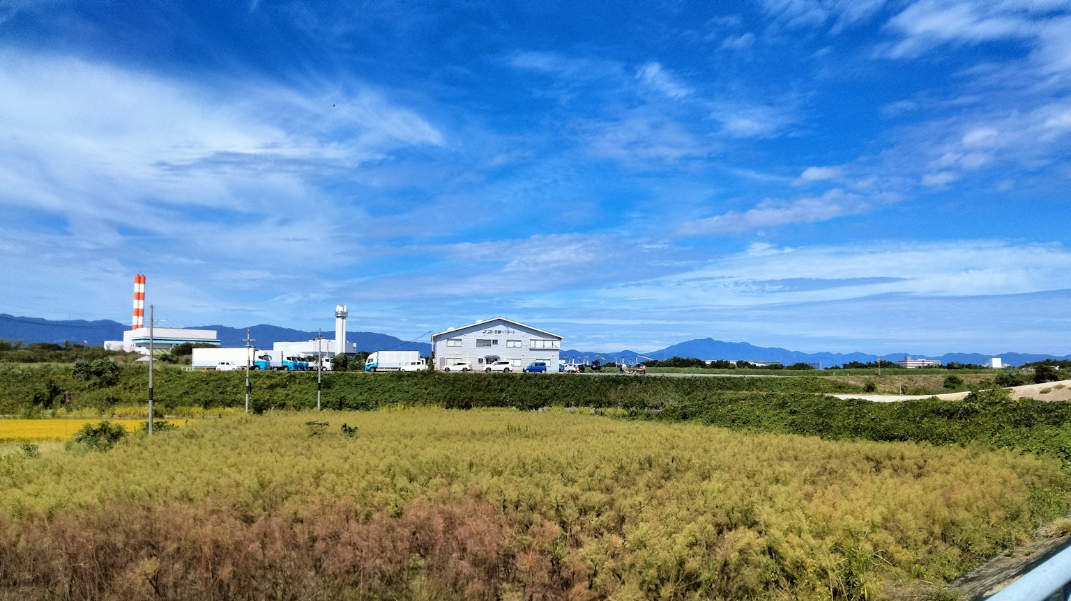 Vista de una fábrica con cielo azul y campos de hierba