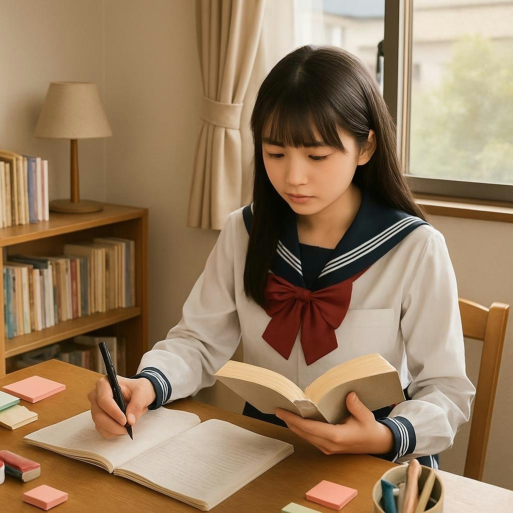 自室で勉強する学生の手元とノート
