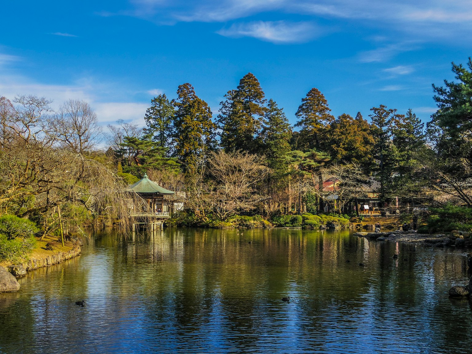 Serene pond surrounded by lush trees and traditional Japanese architecture