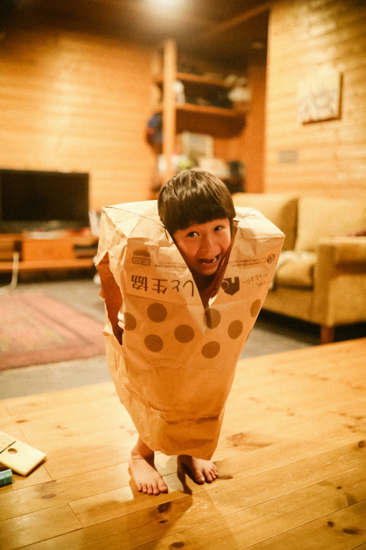 紙袋を着た子供が遊んでいる室内のシーン