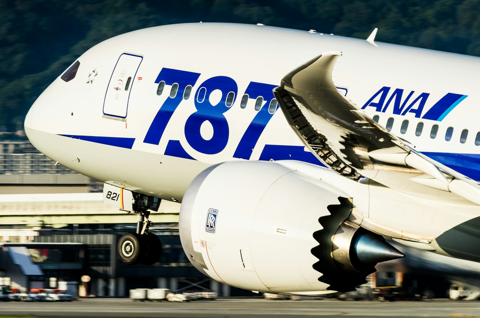 ANA 787飛機的引擎和機翼特寫