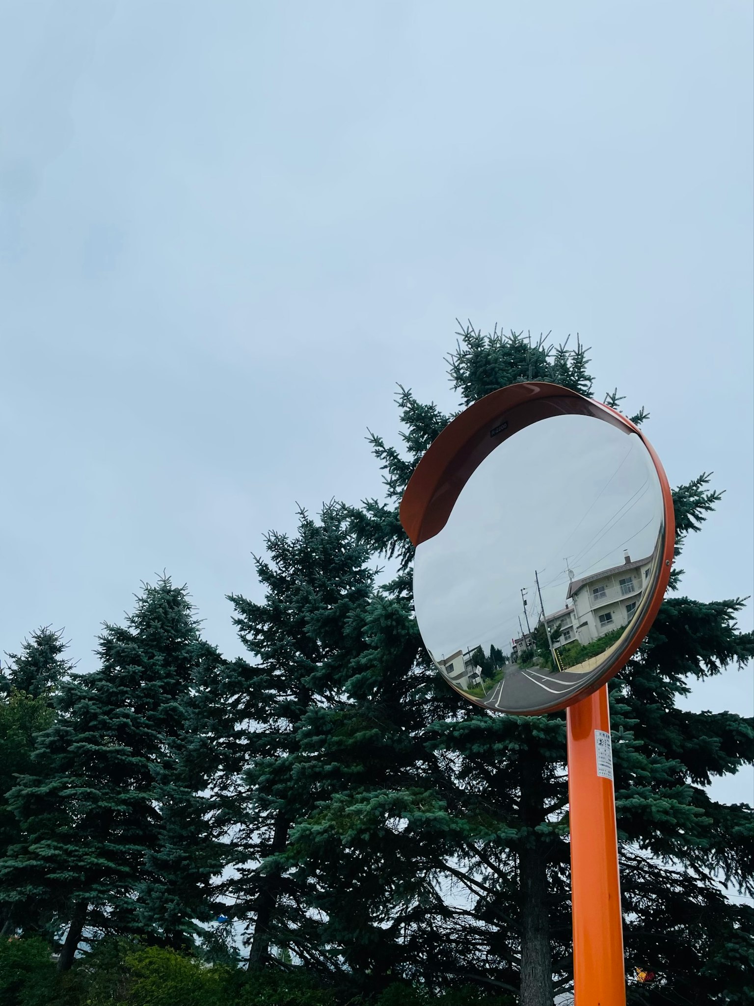 Circular mirror mounted on an orange pole surrounded by green trees and cloudy sky