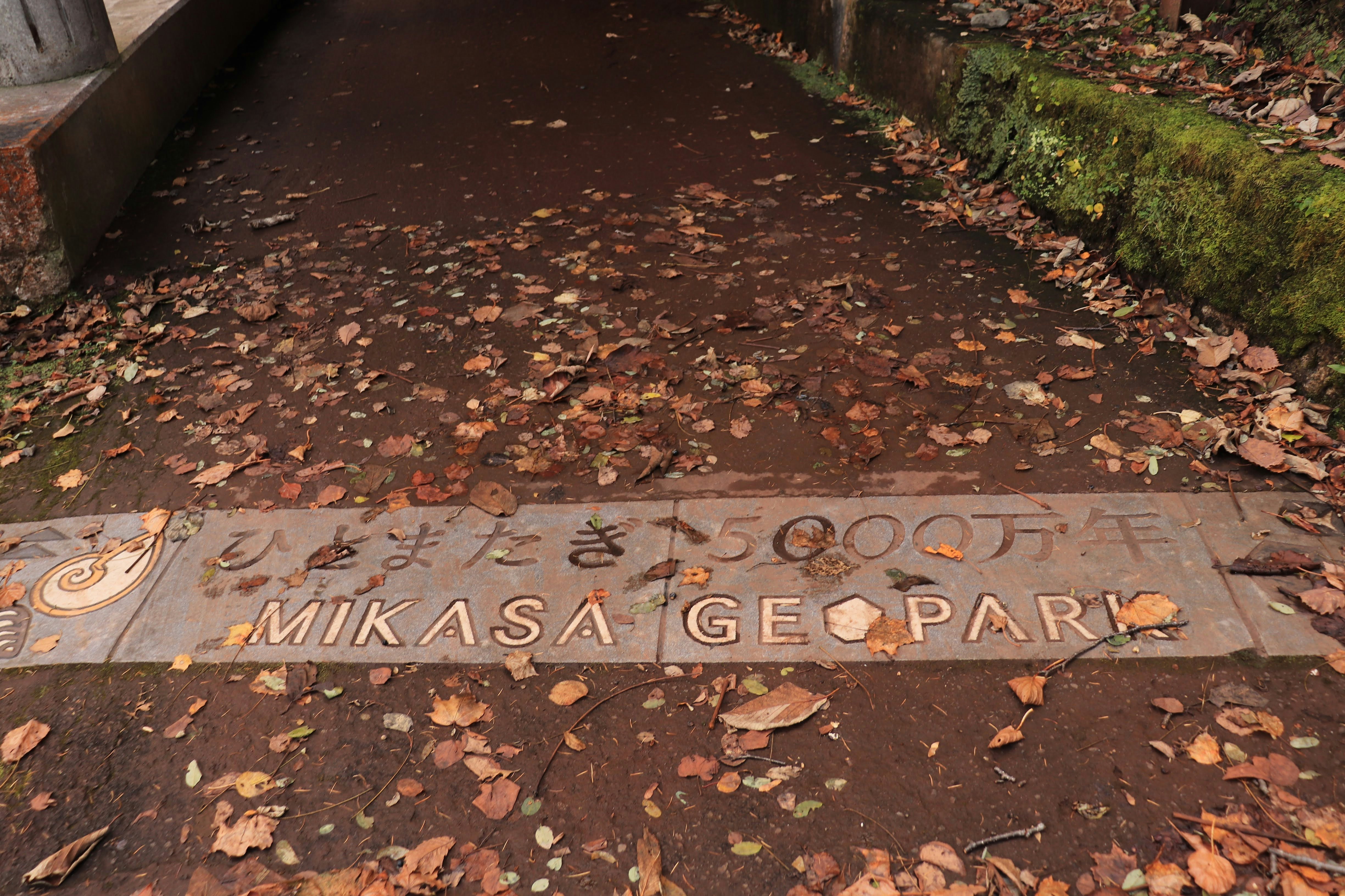 落叶铺满的小路与刻有“MIKASA GEOPARK”的石碑