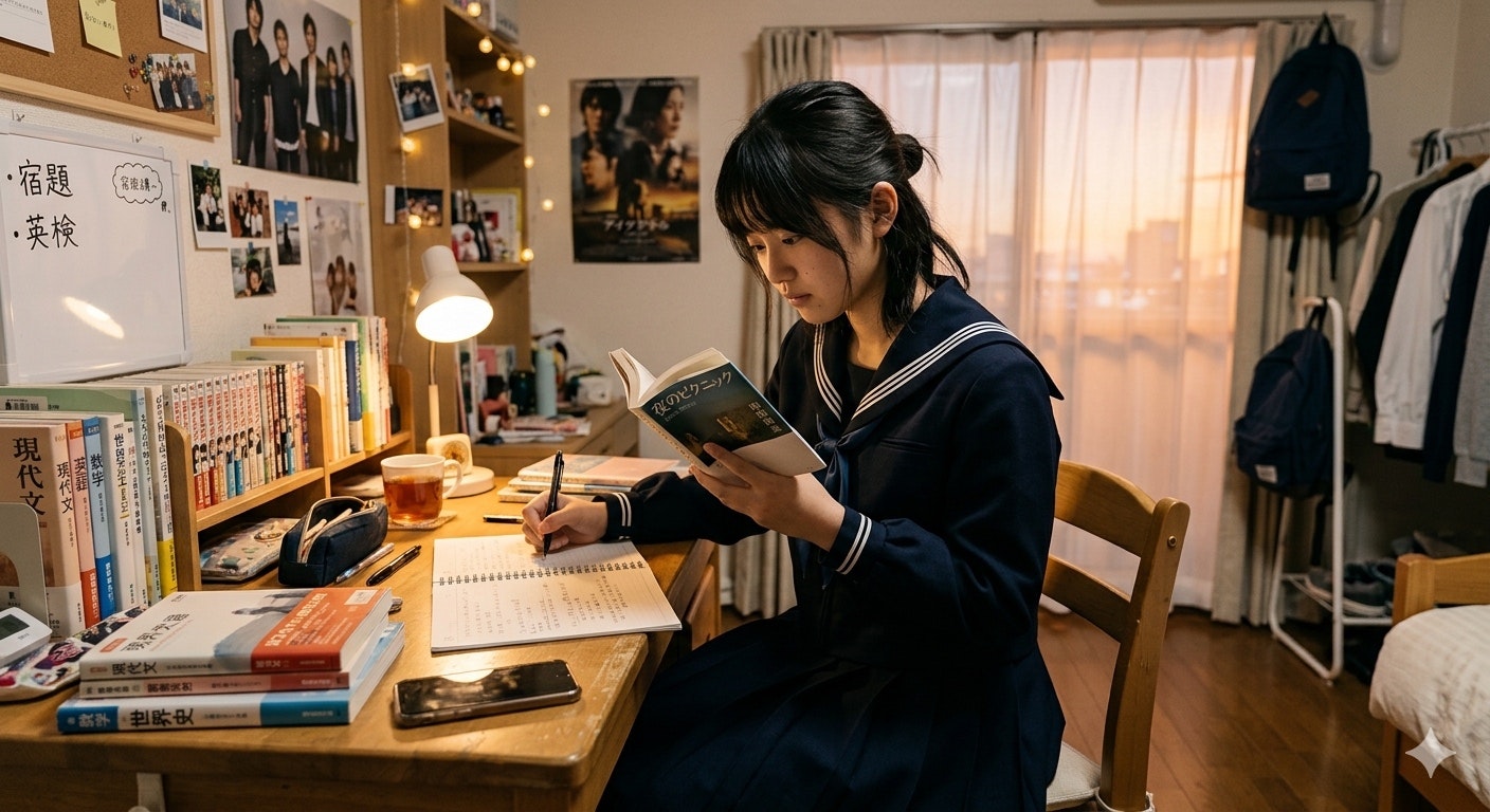 donna che studia nella propria stanza
