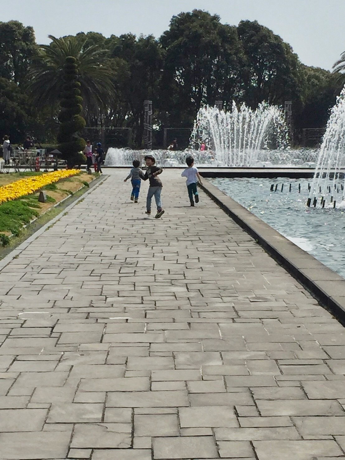 Kinder rennen in einem Park mit einem Brunnen
