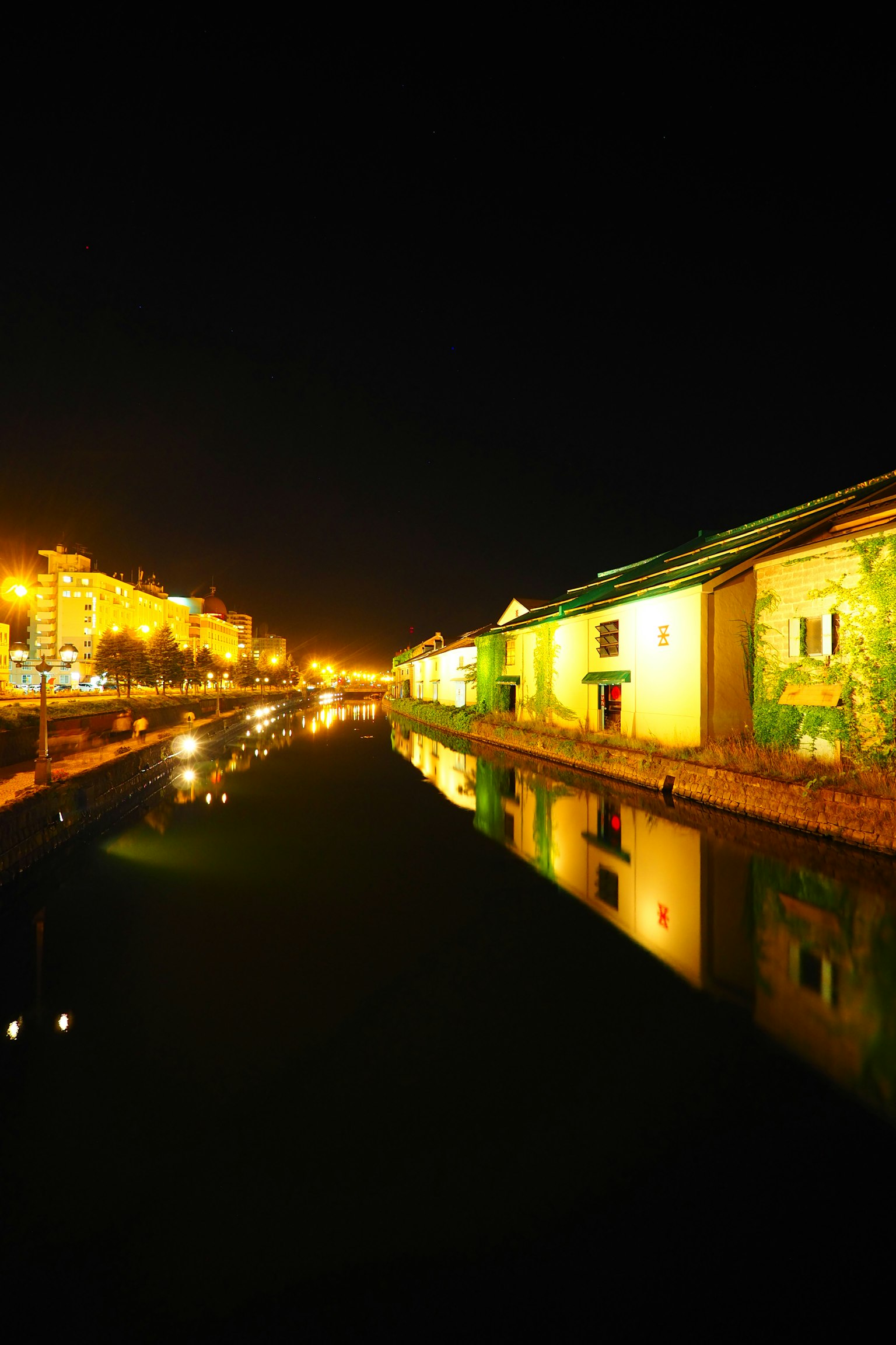 Vista notturna di un canale con edifici verdi luminosi e riflessi di luci