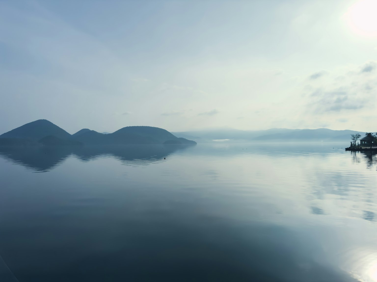 寧靜的湖面映照著山脈和藍天