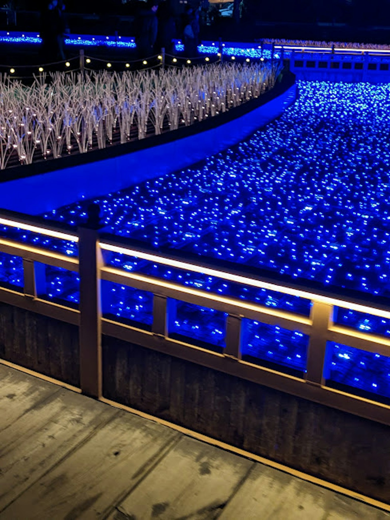 วิวสวยงามของผิวน้ำที่มีแสงสีน้ำเงินและน้ำพุ