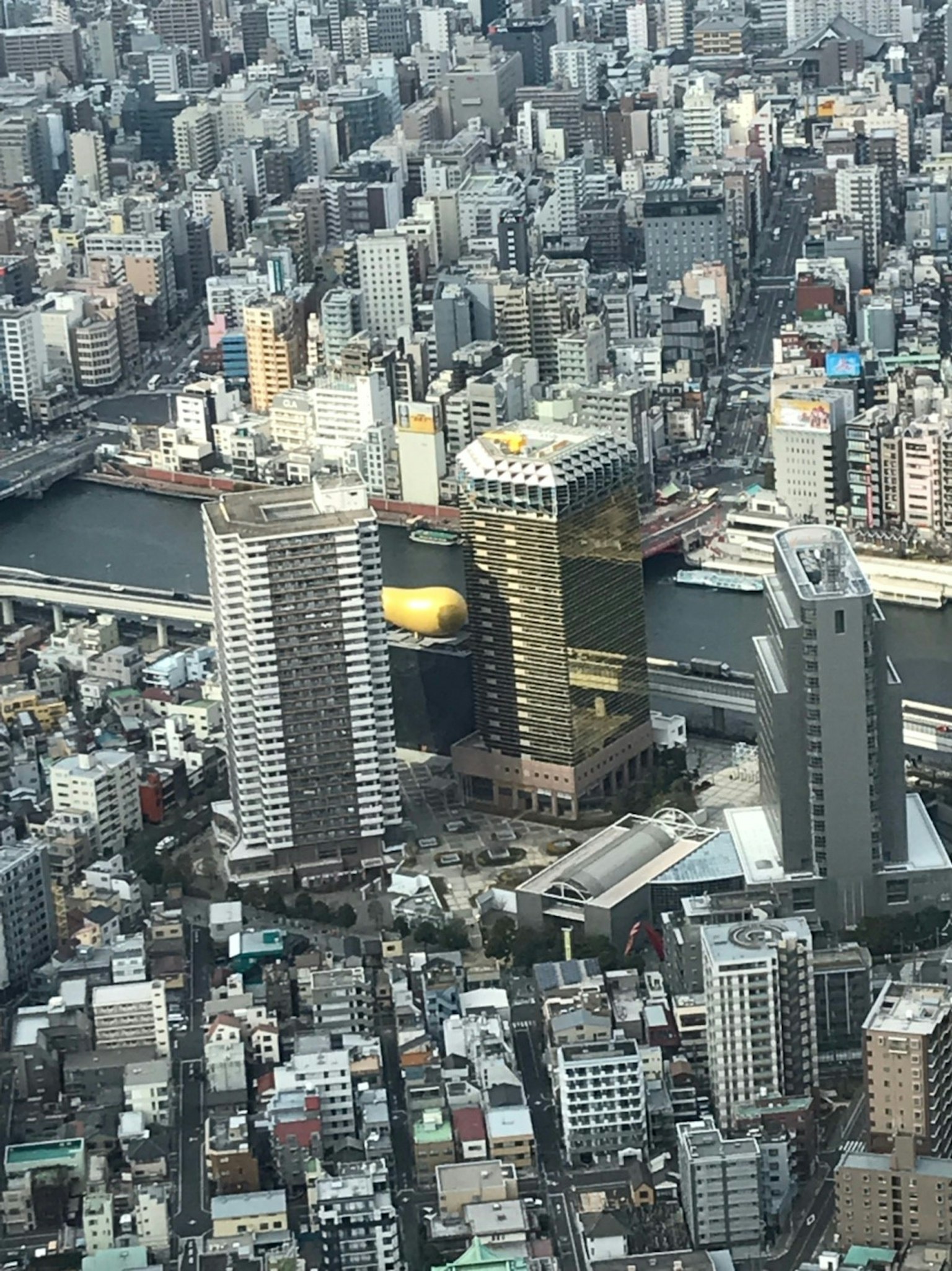 Vista aerea di Tokyo con grattacieli unici e il fiume Sumida