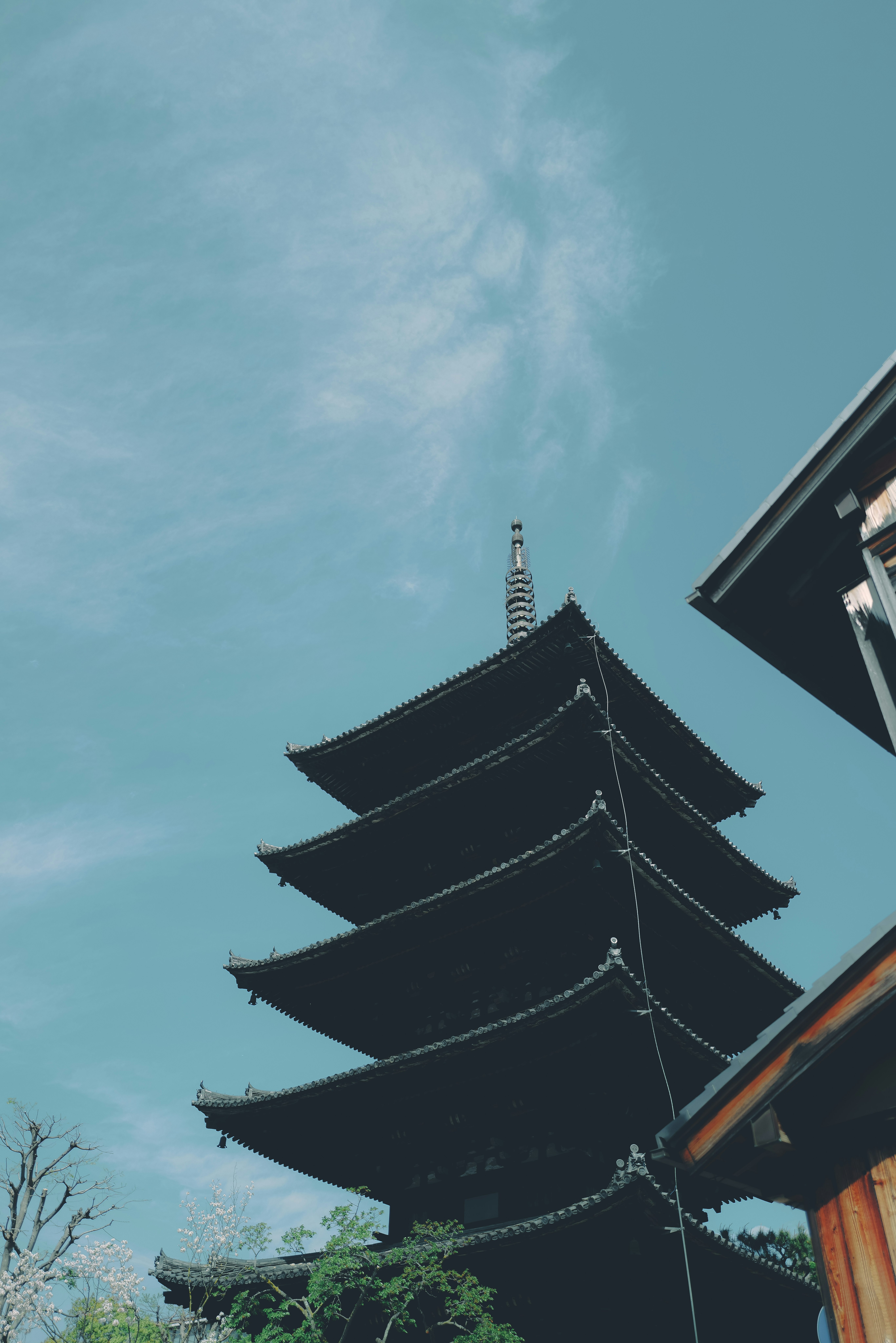 five-story pagoda tower against a blue sky