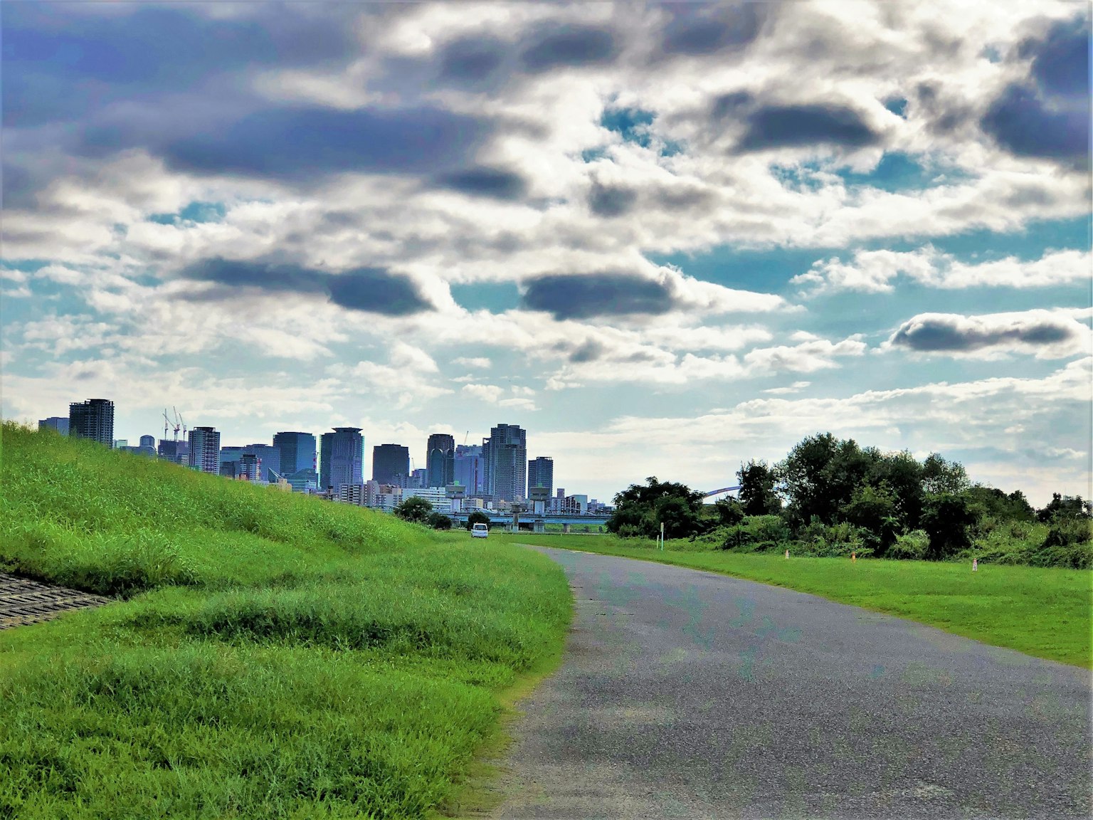 Lush green grass and a paved path with a city skyline in the background