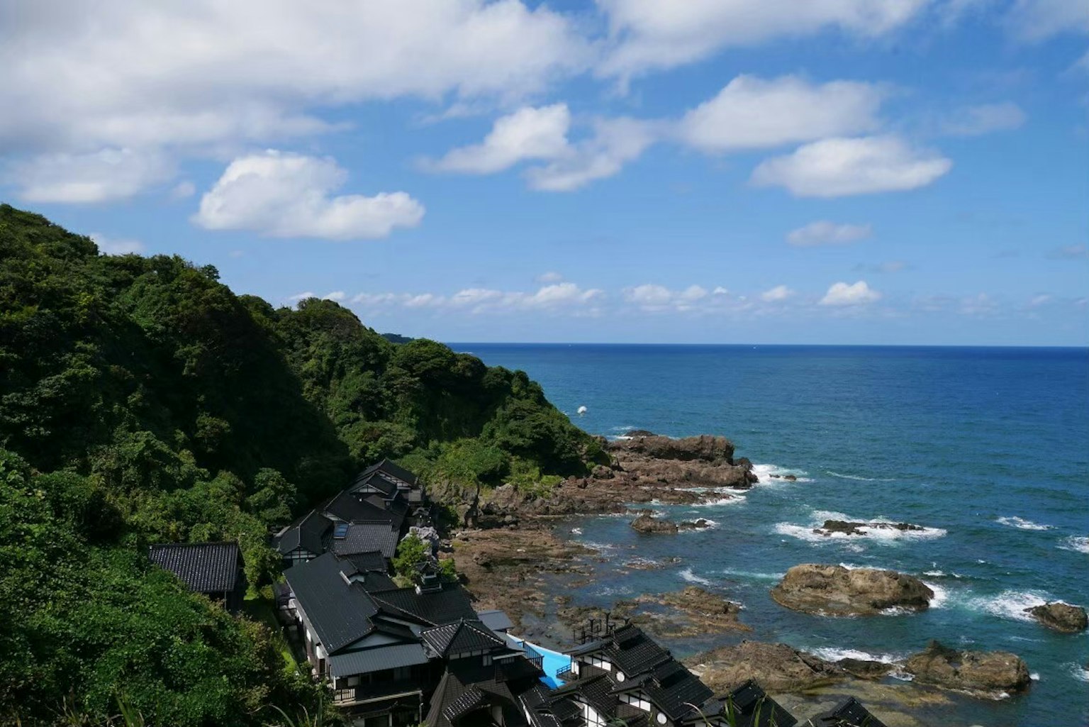 Scenic view of ocean and rocky shoreline lush green hills and blue sky