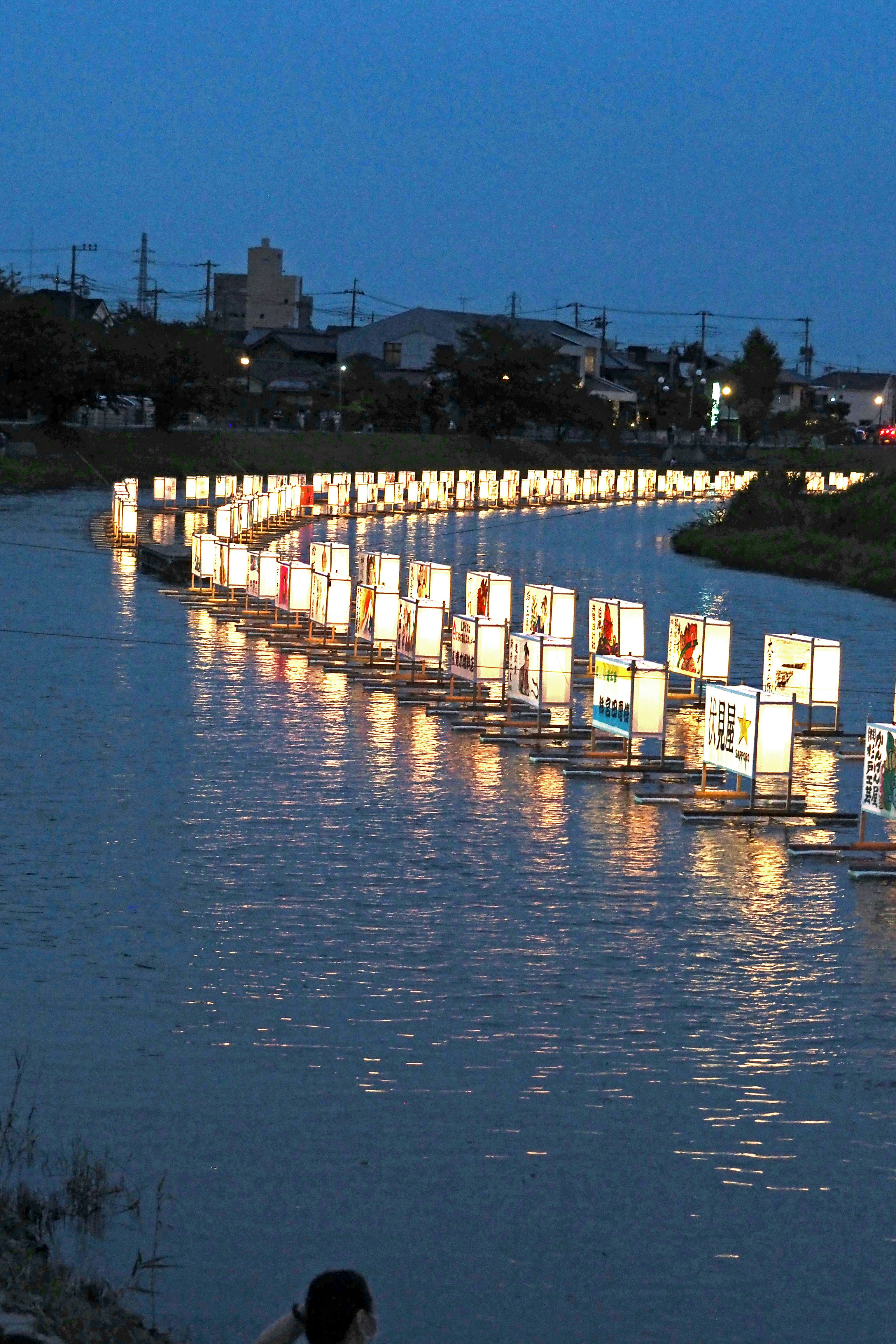 川沿いに並ぶ灯りのある提灯と夜景