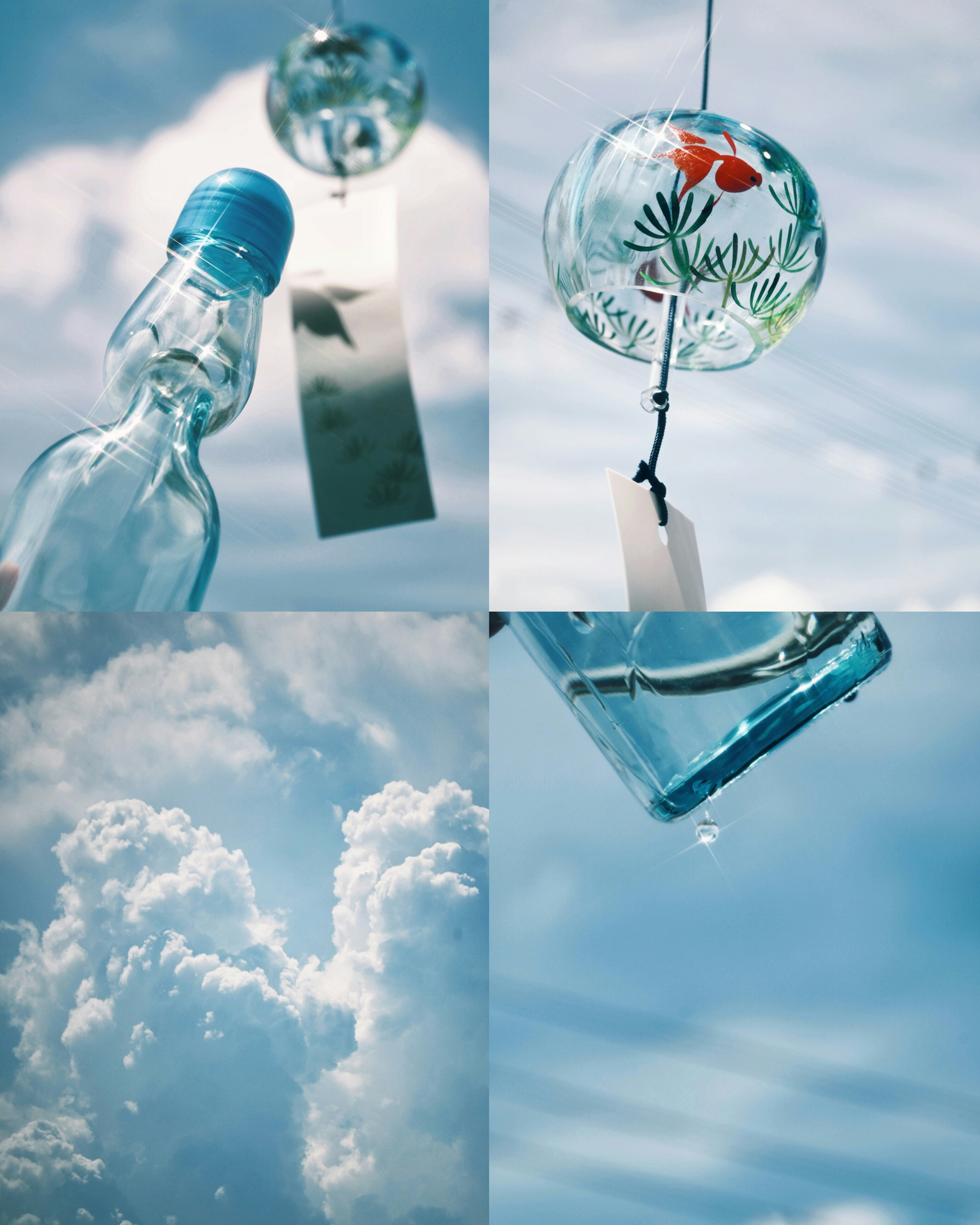蓝色夏日天空中漂浮的玻璃气球与云朵