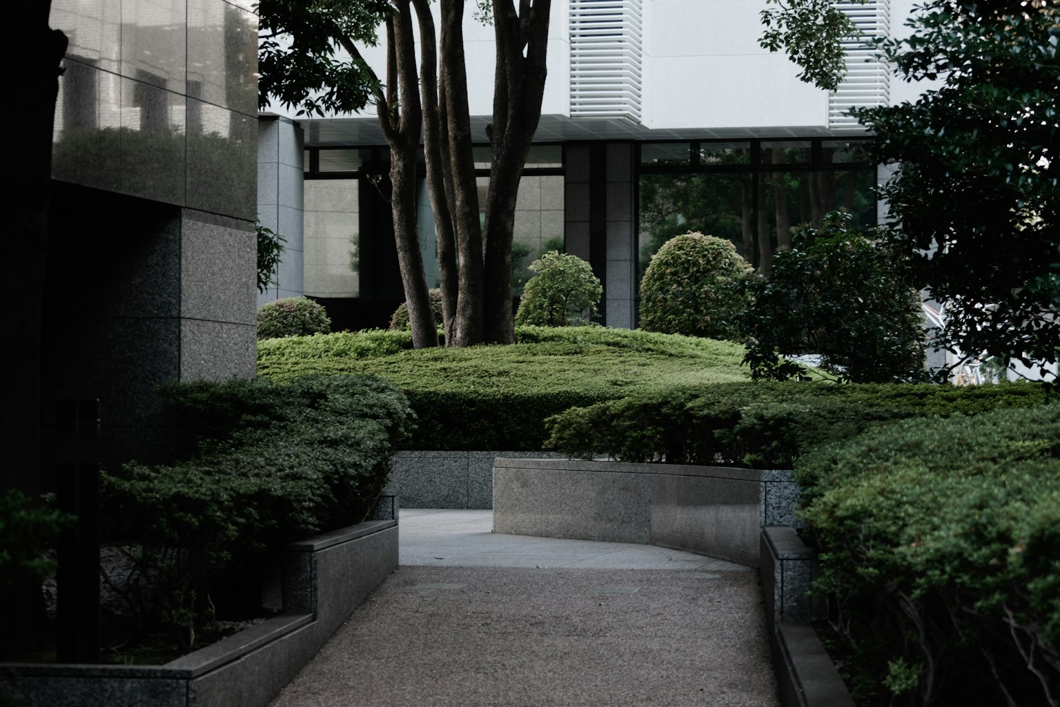 Jalan setapak yang dikelilingi oleh taman dan pemandangan gedung modern
