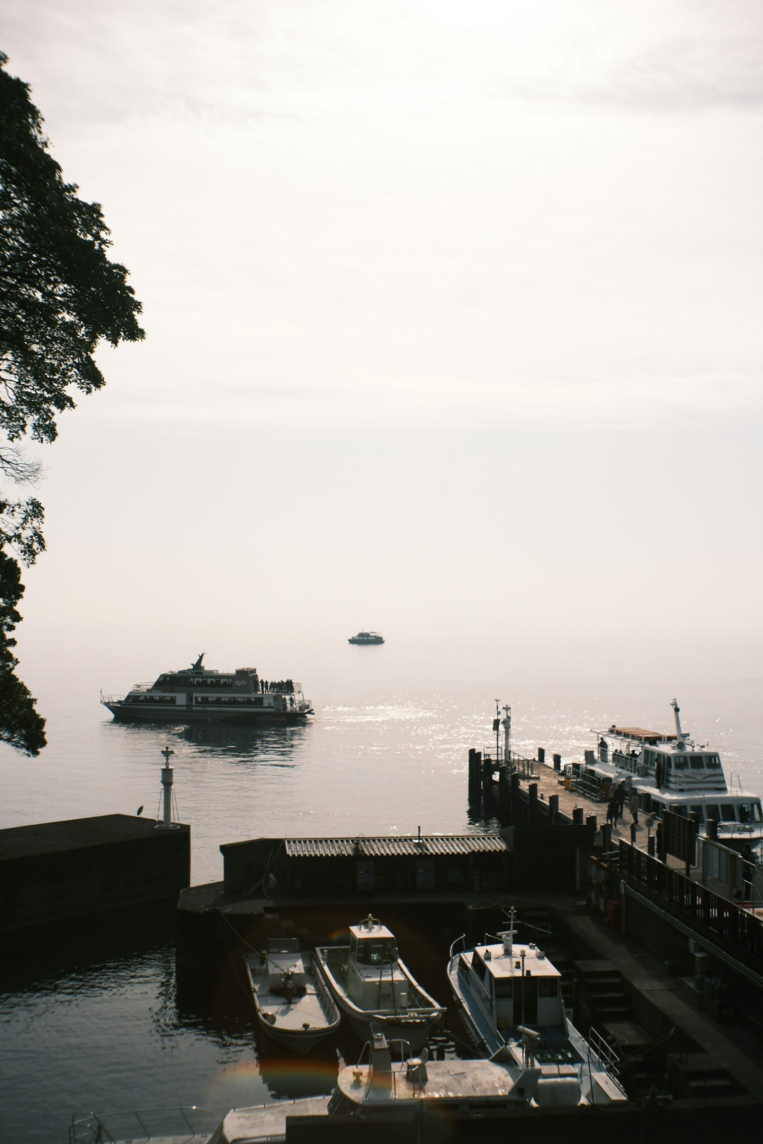 Scena nebbiosa con barche e un porto tranquillo