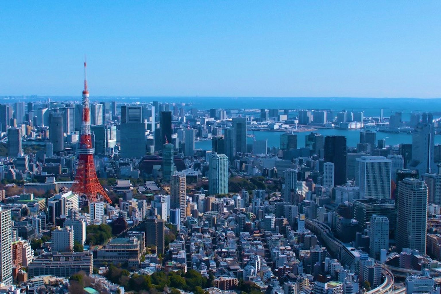 Vista panorámica de la Torre de Tokio y los rascacielos de Tokio bajo un cielo azul claro