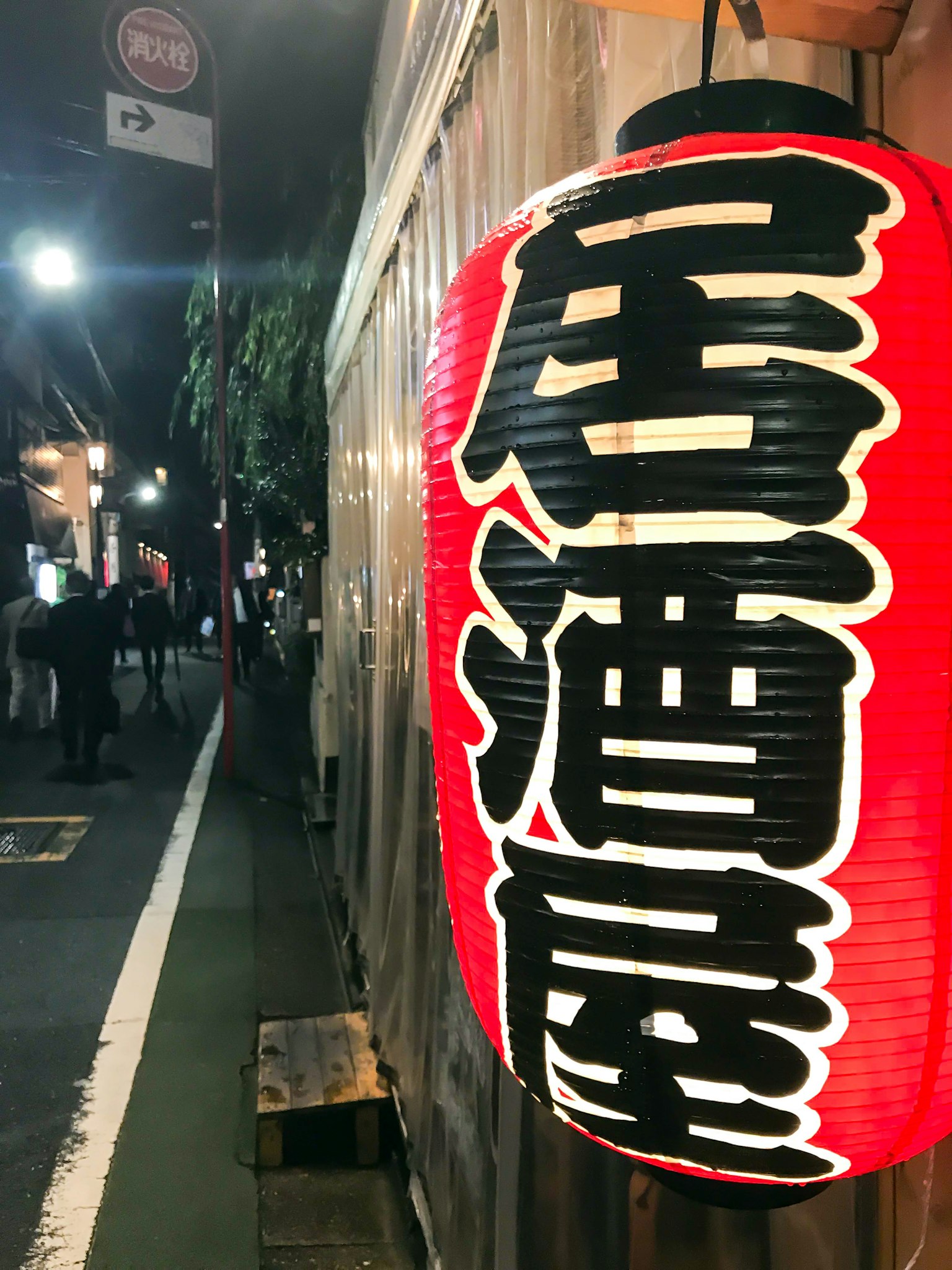 紅色提燈上寫著居酒屋字樣和夜間街道場景