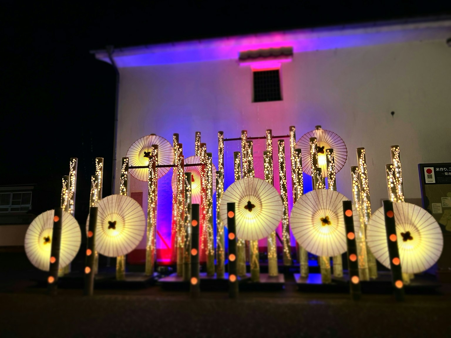 Esposizione di lanterne giapponesi illuminate e decorazioni in bambù di notte