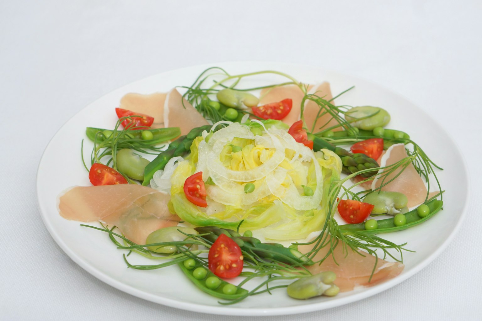 Artfully arranged fresh vegetables and tomatoes on a salad plate
