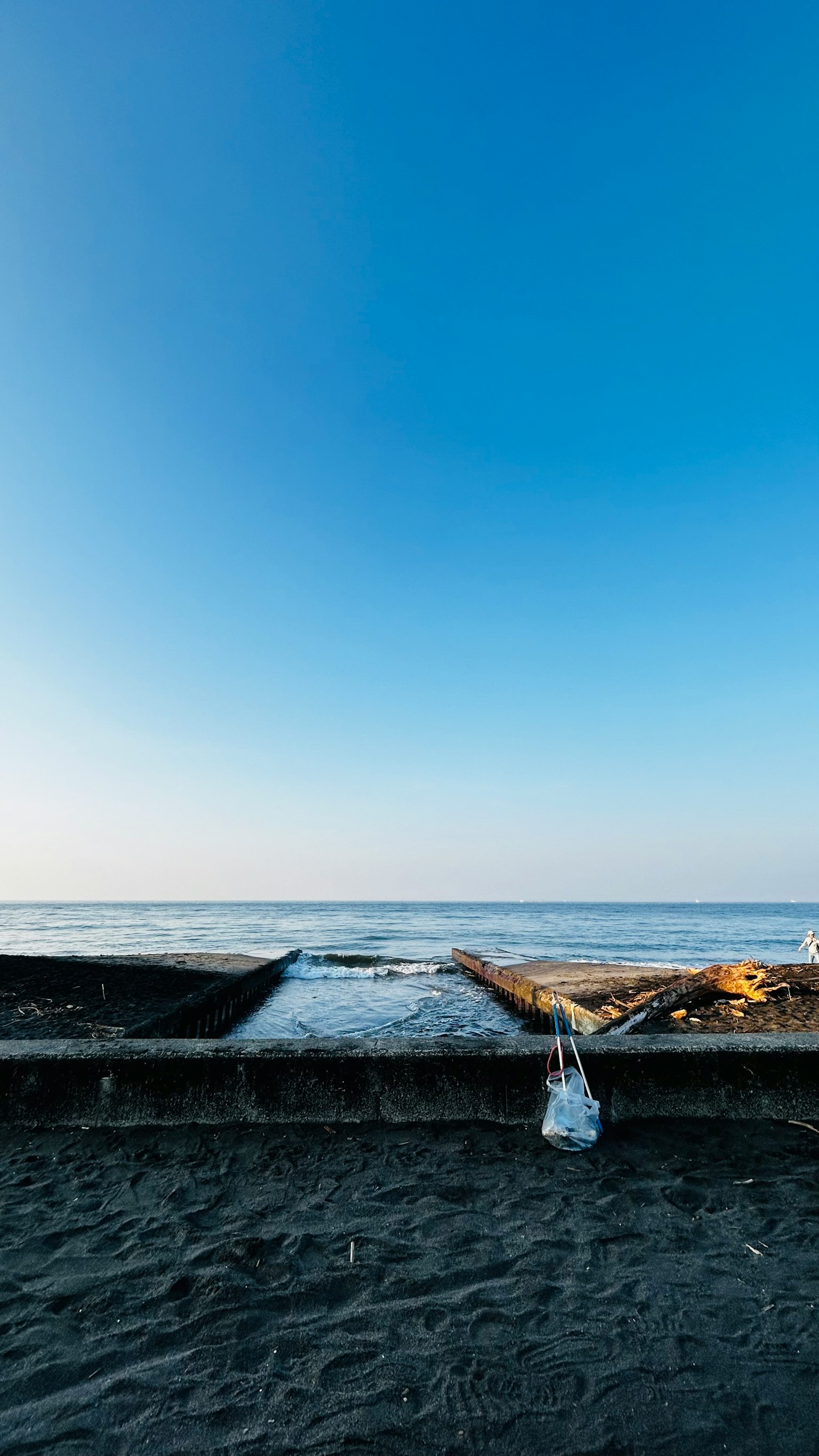 Escena de playa con cielo azul y océano, madera flotante en la orilla de arena