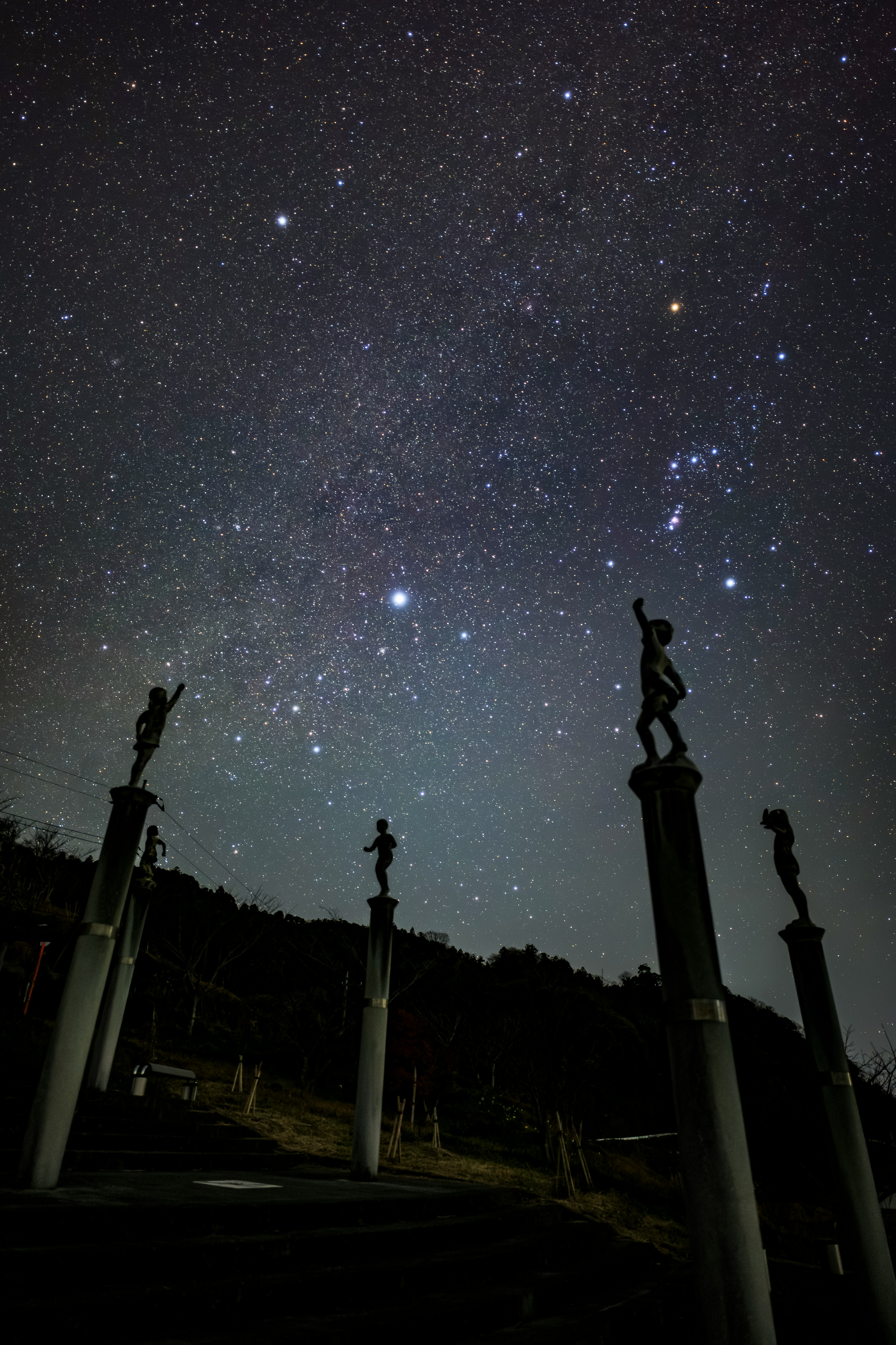 夜空に広がる星と天体観測のシルエット