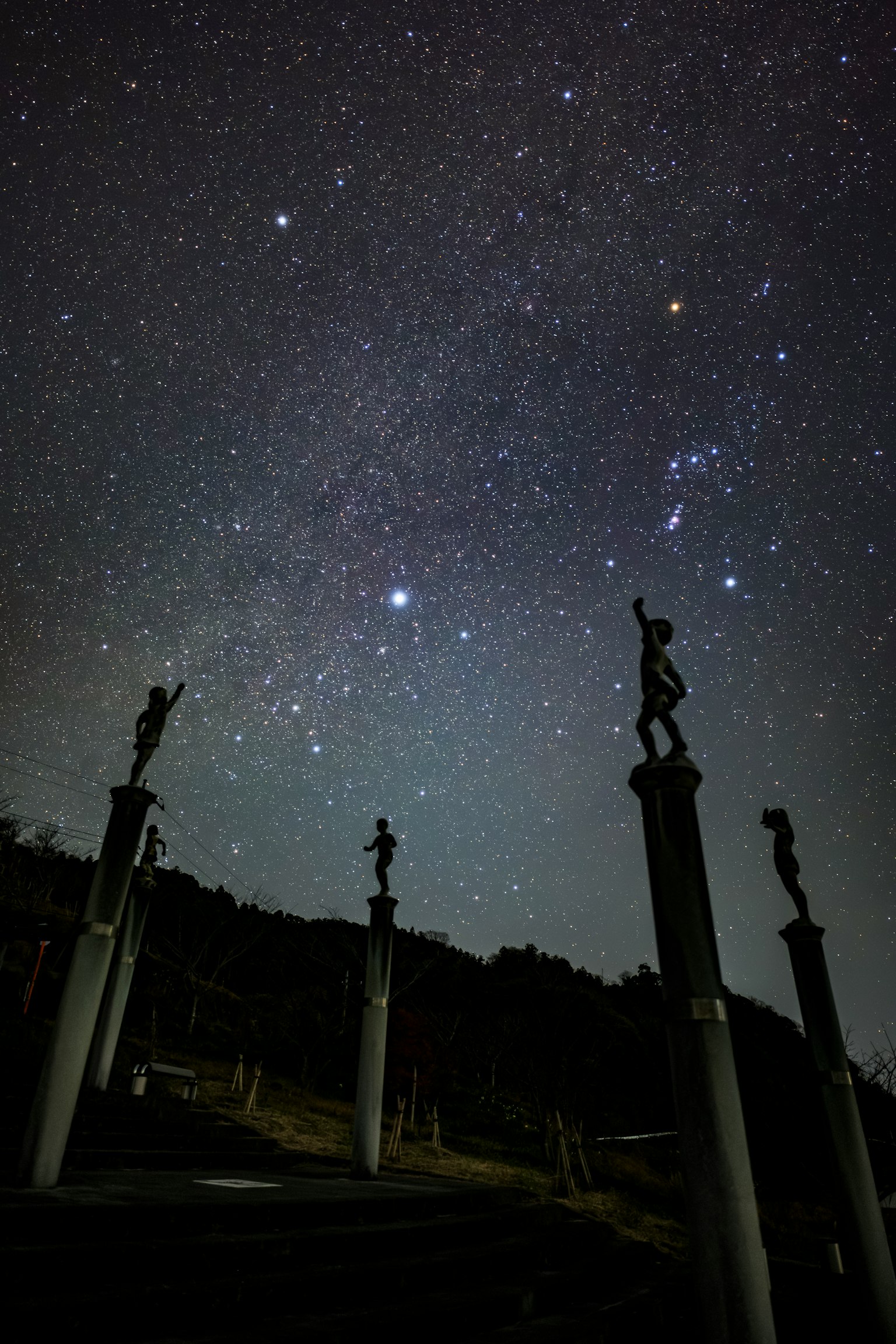 Silhouettes of sculptures under a starry sky
