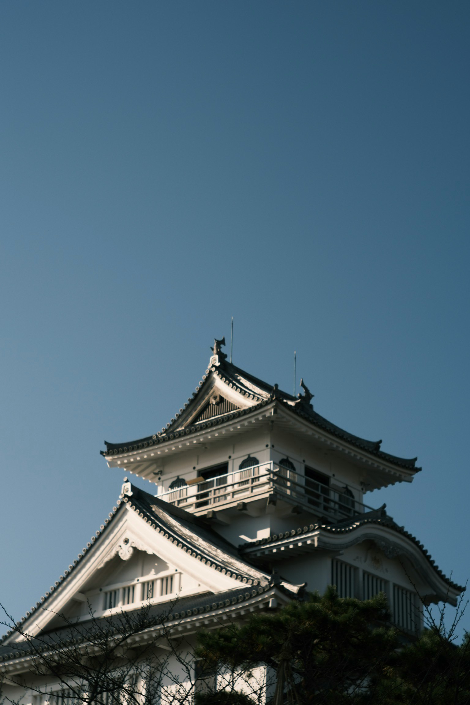 青空の下にある日本の城の屋根の部分