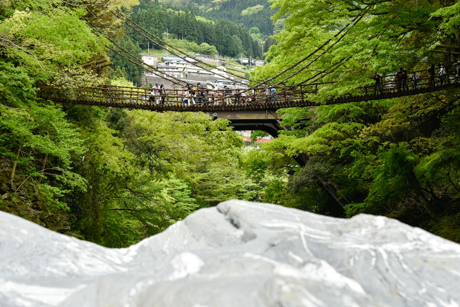Wooden suspension bridge over a lush green valley with a waterfall
