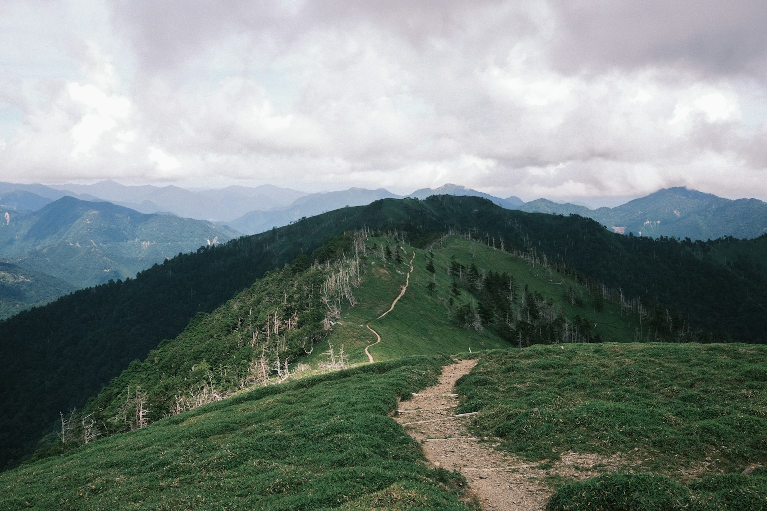 Vista panoramica di montagne verdi e cieli nuvolosi con un sentiero che si snoda sulla collina