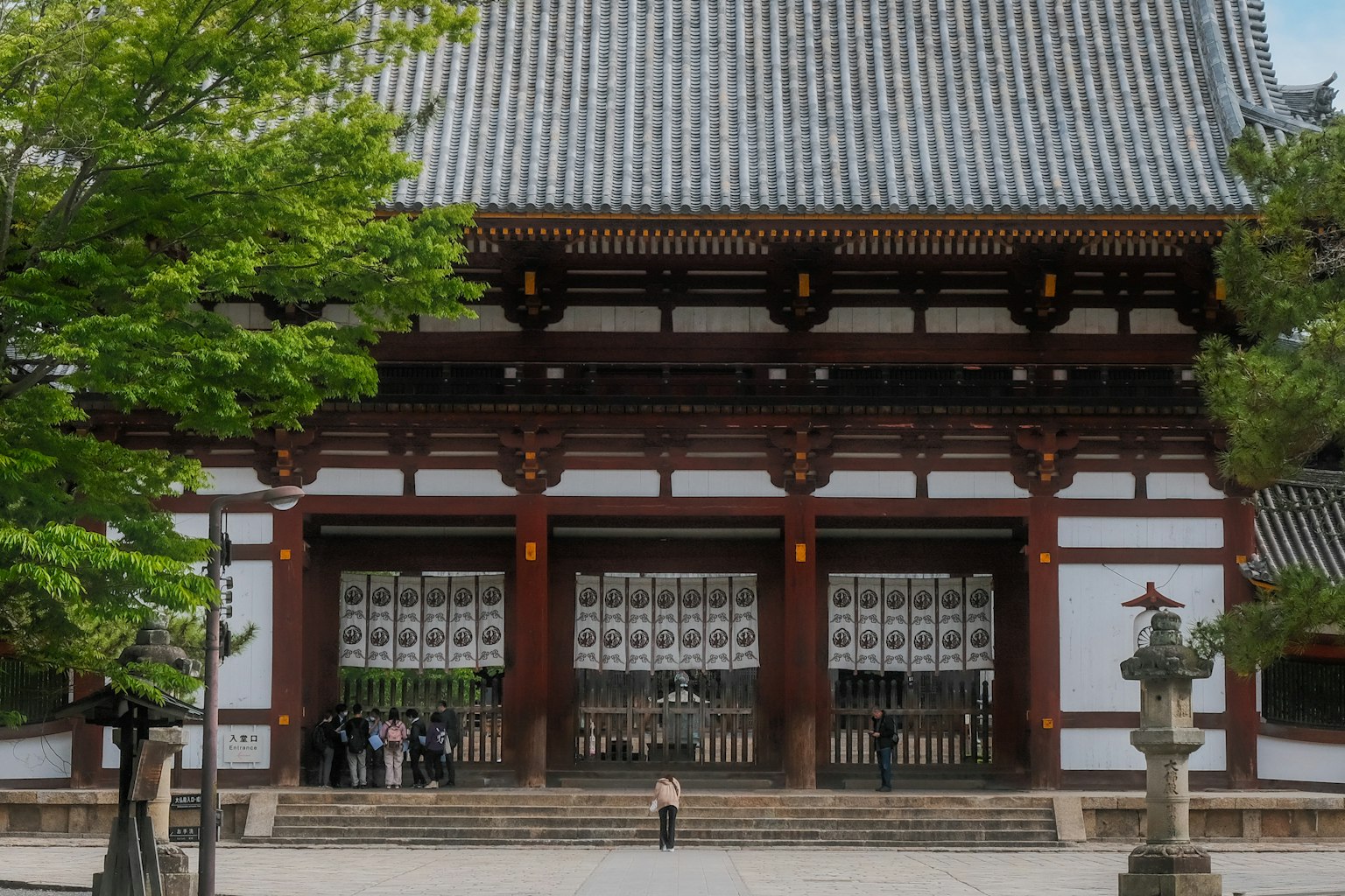 美麗日本寺廟的正門和綠色樹木
